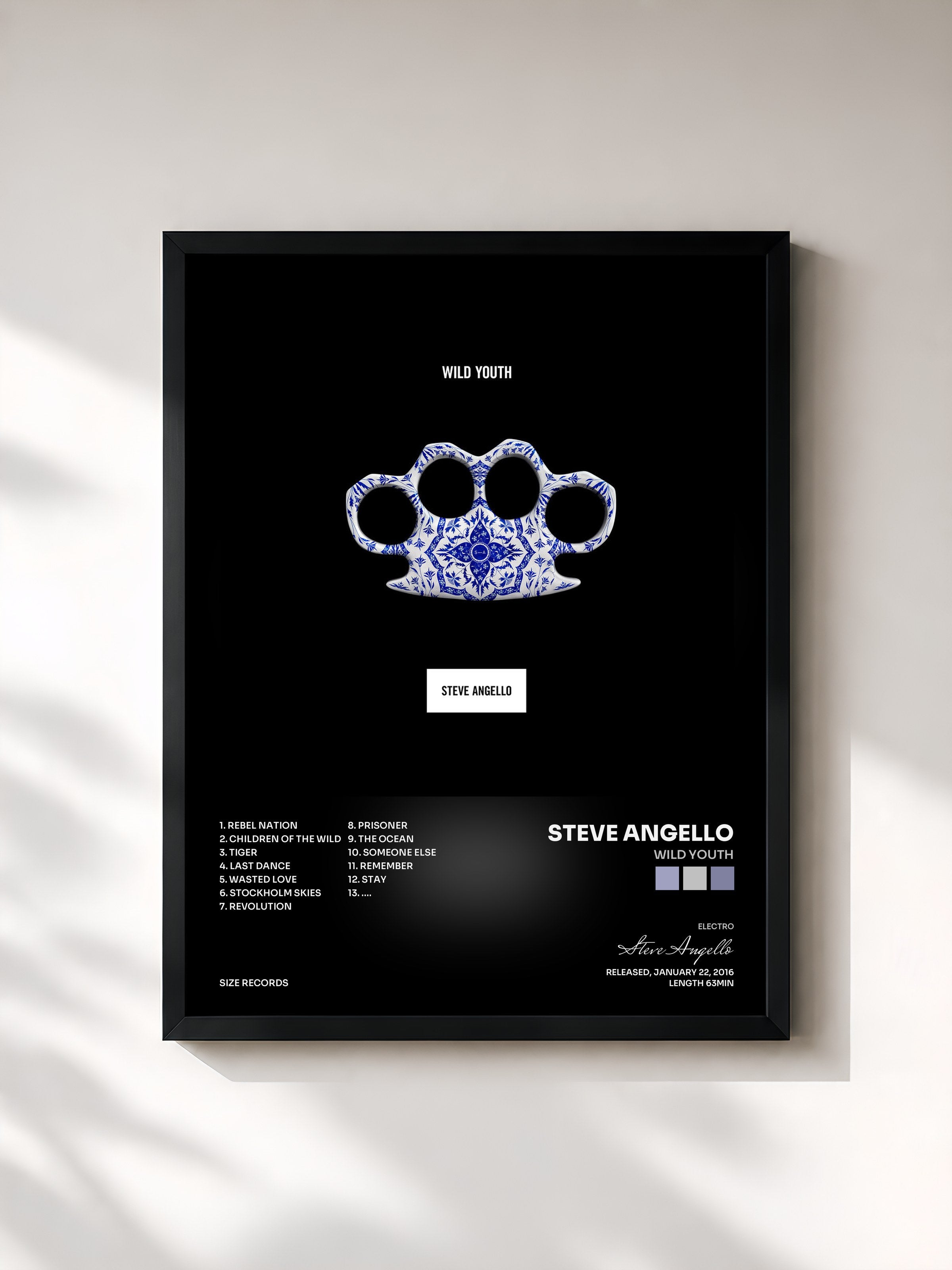 #noir Tableau de l'album Wild Youth de Steve Angello, cadre noir, imprimé et encadré en France