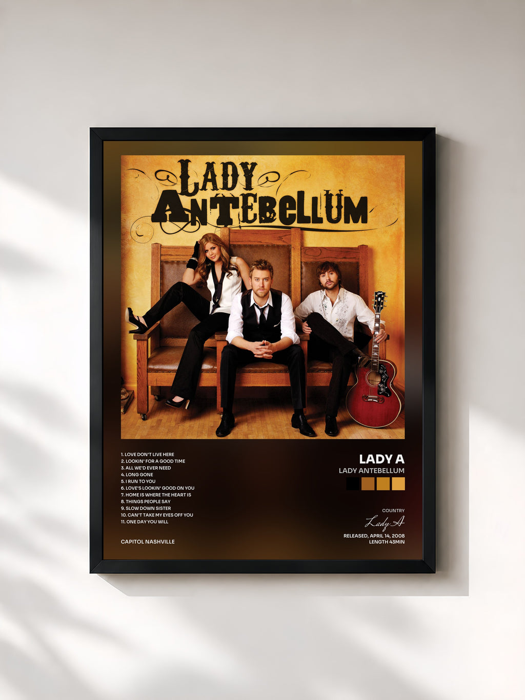 #noir Tableau de l'album Lady Antebellum de Lady A, cadre noir, imprimé et encadré en France