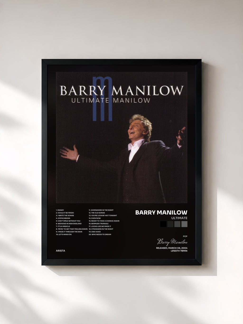 #noir Tableau de l'album Ultimate de Barry Manilow, cadre noir, imprimé et encadré en France