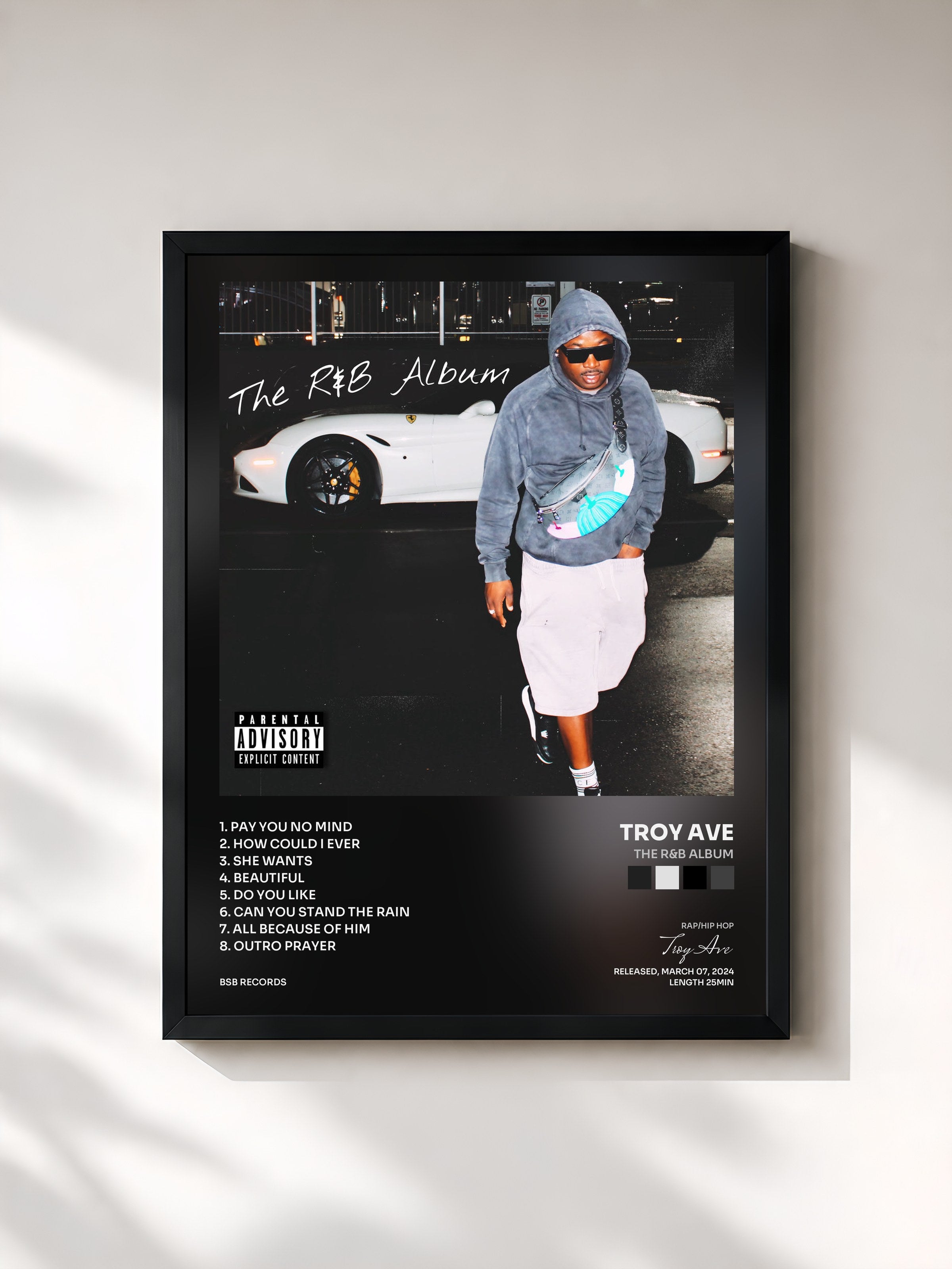 #noir Tableau de l'album The R&B Album de Troy Ave, cadre noir, imprimé et encadré en France