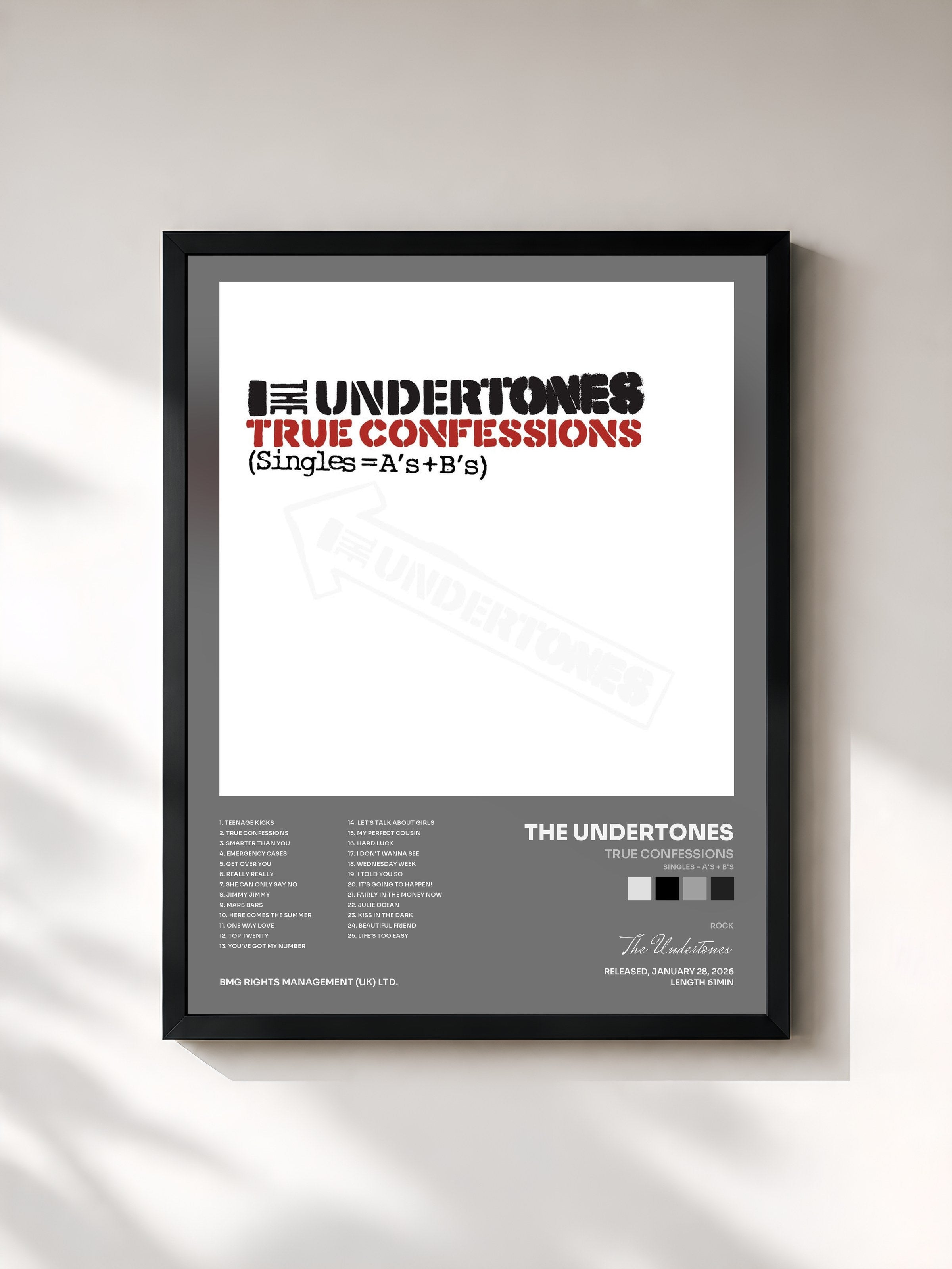 #noir Tableau de l'album True Confessions (Singles = A's + B's) de The Undertones, cadre noir, imprimé et encadré en France