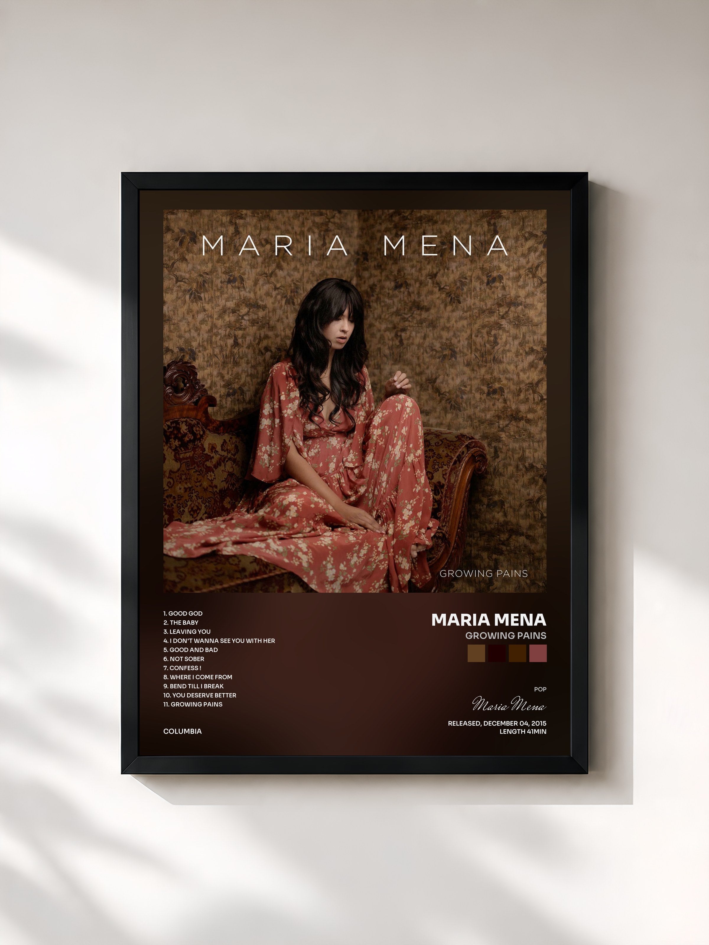 #noir Tableau de l'album Growing Pains de Maria Mena, cadre noir, imprimé et encadré en France