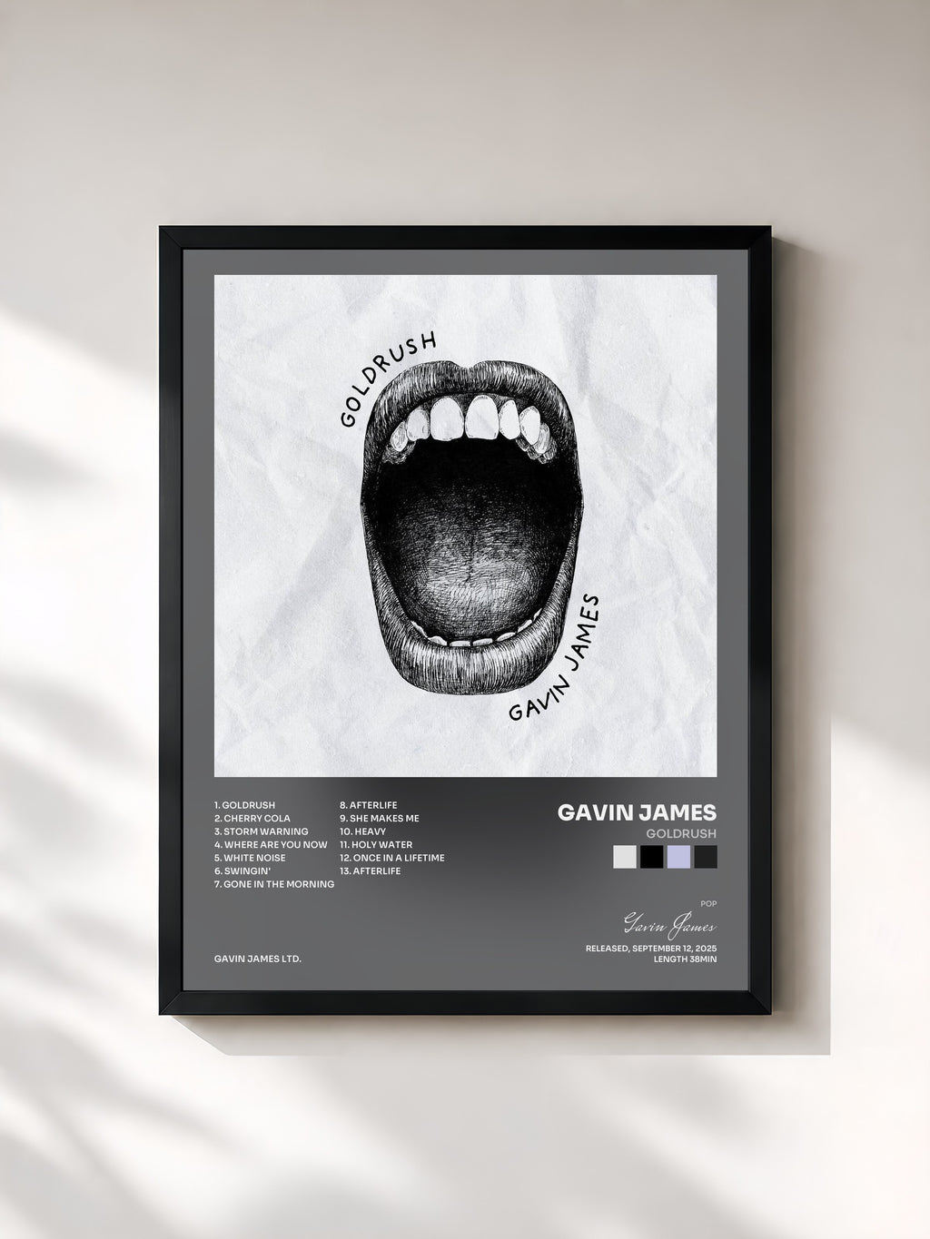 #noir Tableau de l'album Goldrush de Gavin James, cadre noir, imprimé et encadré en France