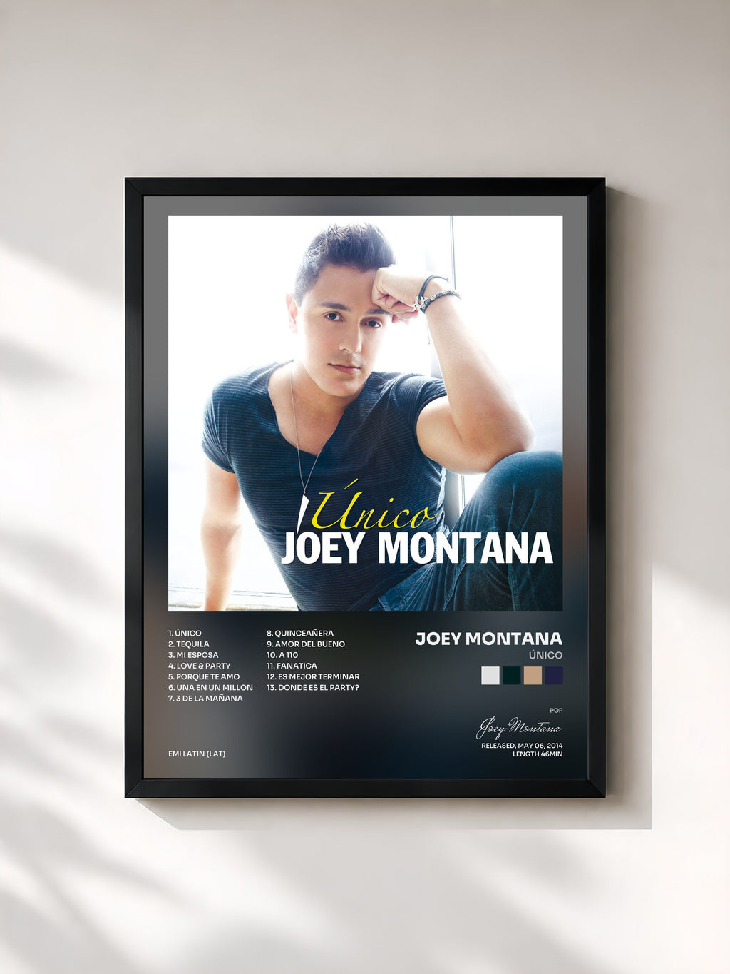 #noir Tableau de l'album Único de Joey Montana, cadre noir, imprimé et encadré en France
