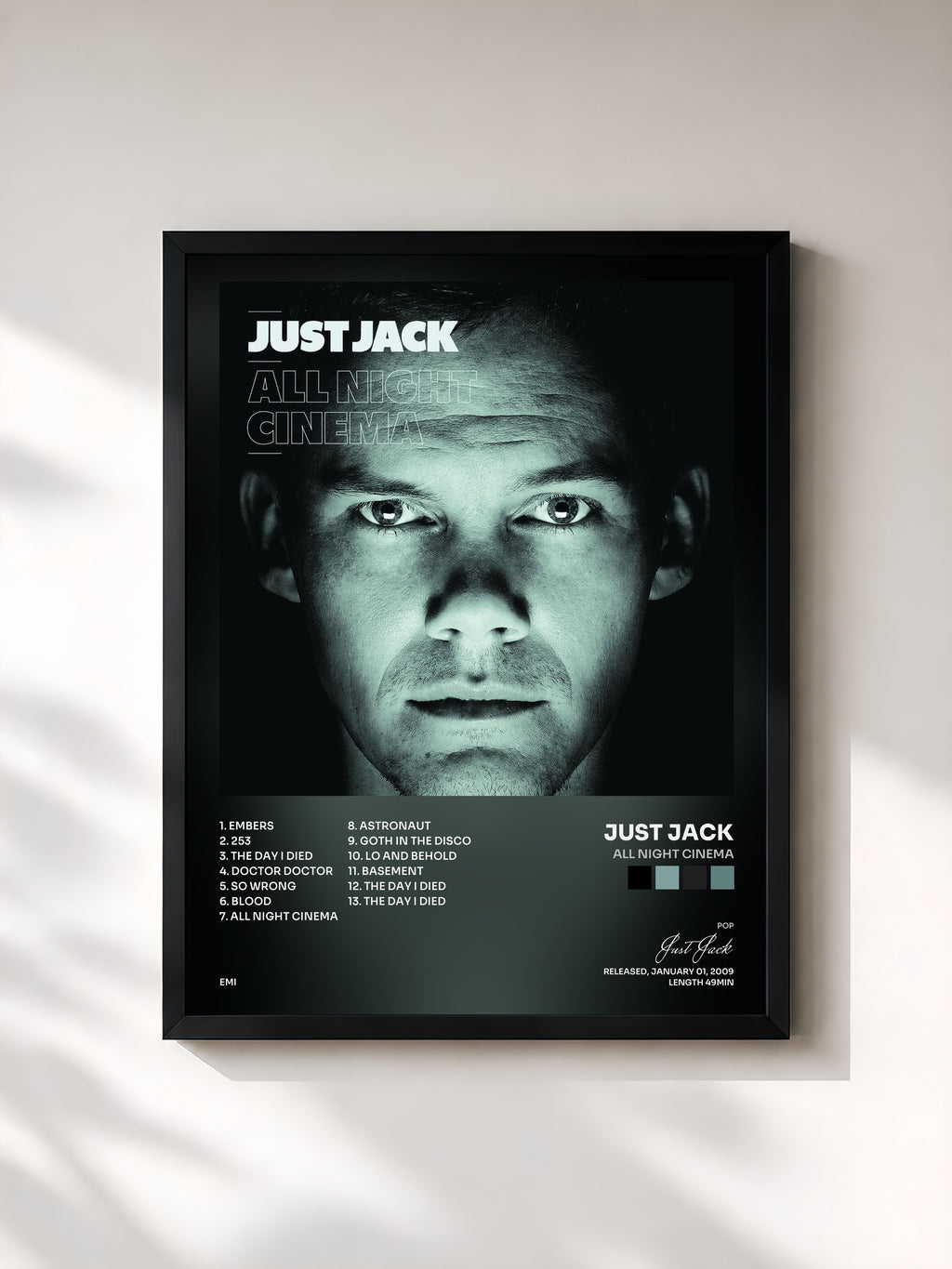 #noir Tableau de l'album All Night Cinema de Just Jack, cadre noir, imprimé et encadré en France