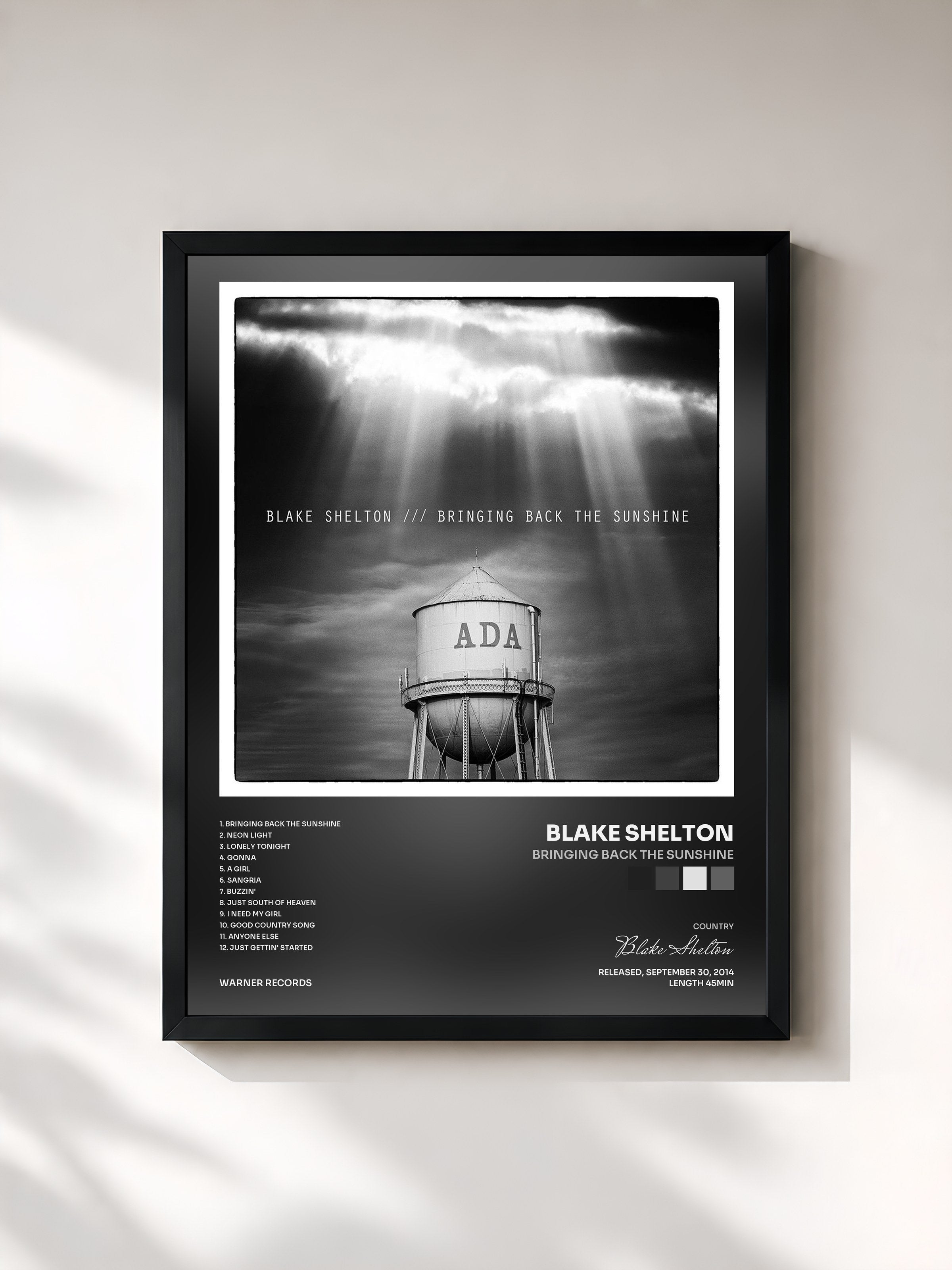 #noir Tableau de l'album BRINGING BACK THE SUNSHINE de Blake Shelton, cadre noir, imprimé et encadré en France