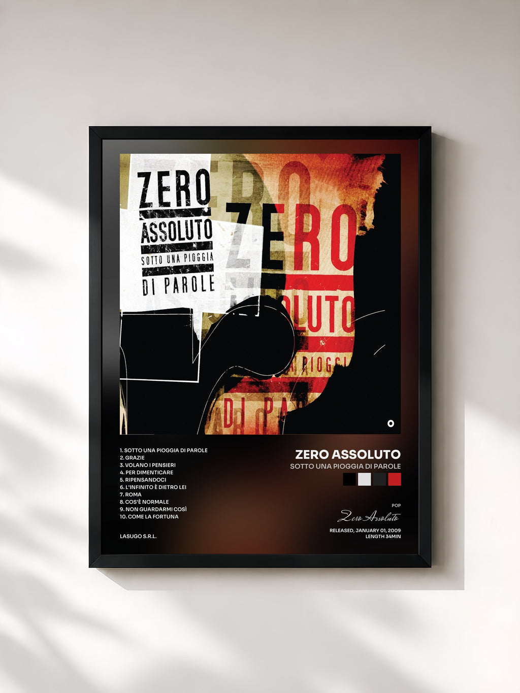 #noir Tableau de l'album Sotto una pioggia di parole de Zero Assoluto, cadre noir, imprimé et encadré en France