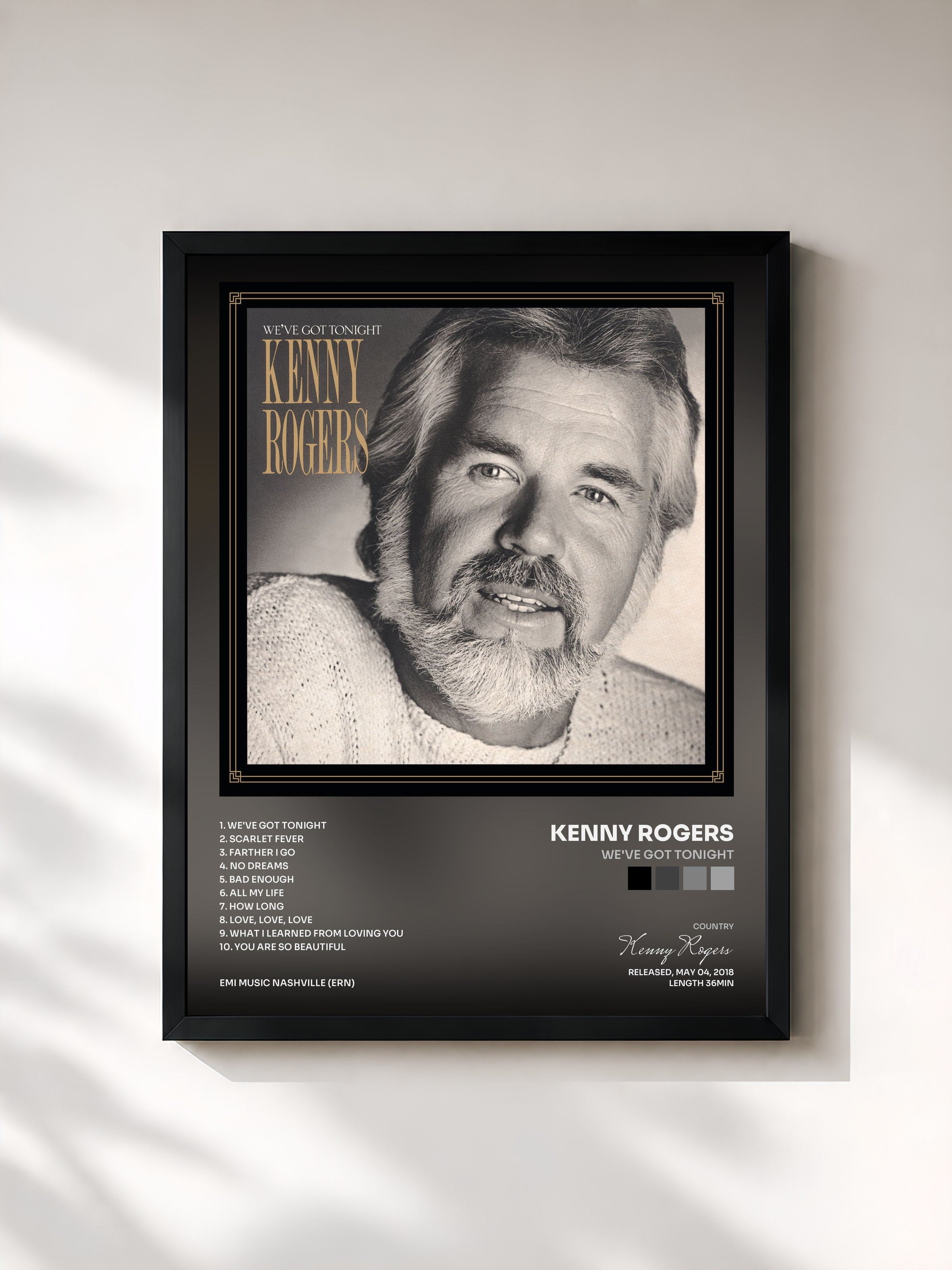 #noir Tableau de l'album We've Got Tonight de Kenny Rogers, cadre noir, imprimé et encadré en France