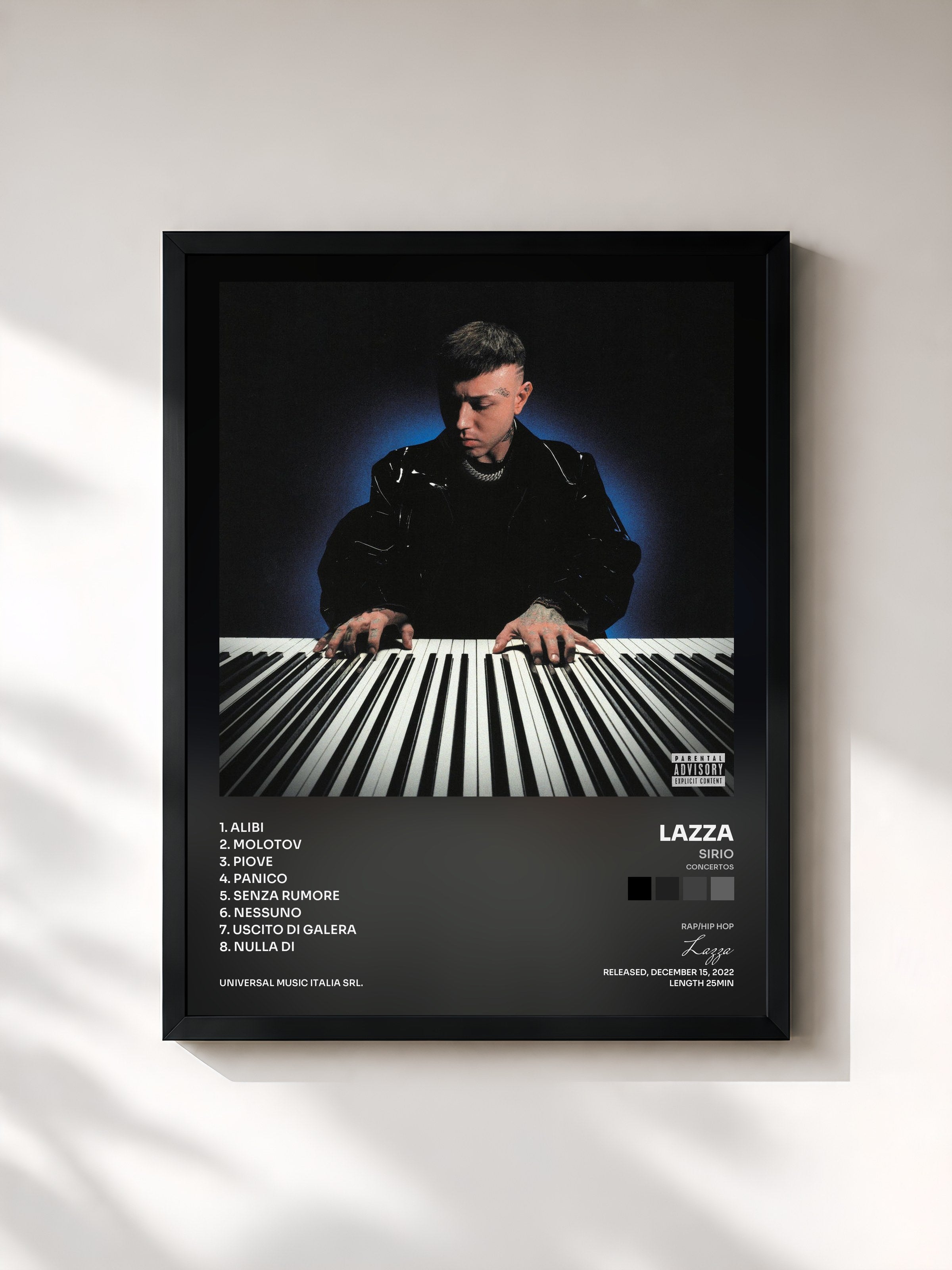 #noir Tableau de l'album SIRIO (Concertos) de Lazza, cadre noir, imprimé et encadré en France