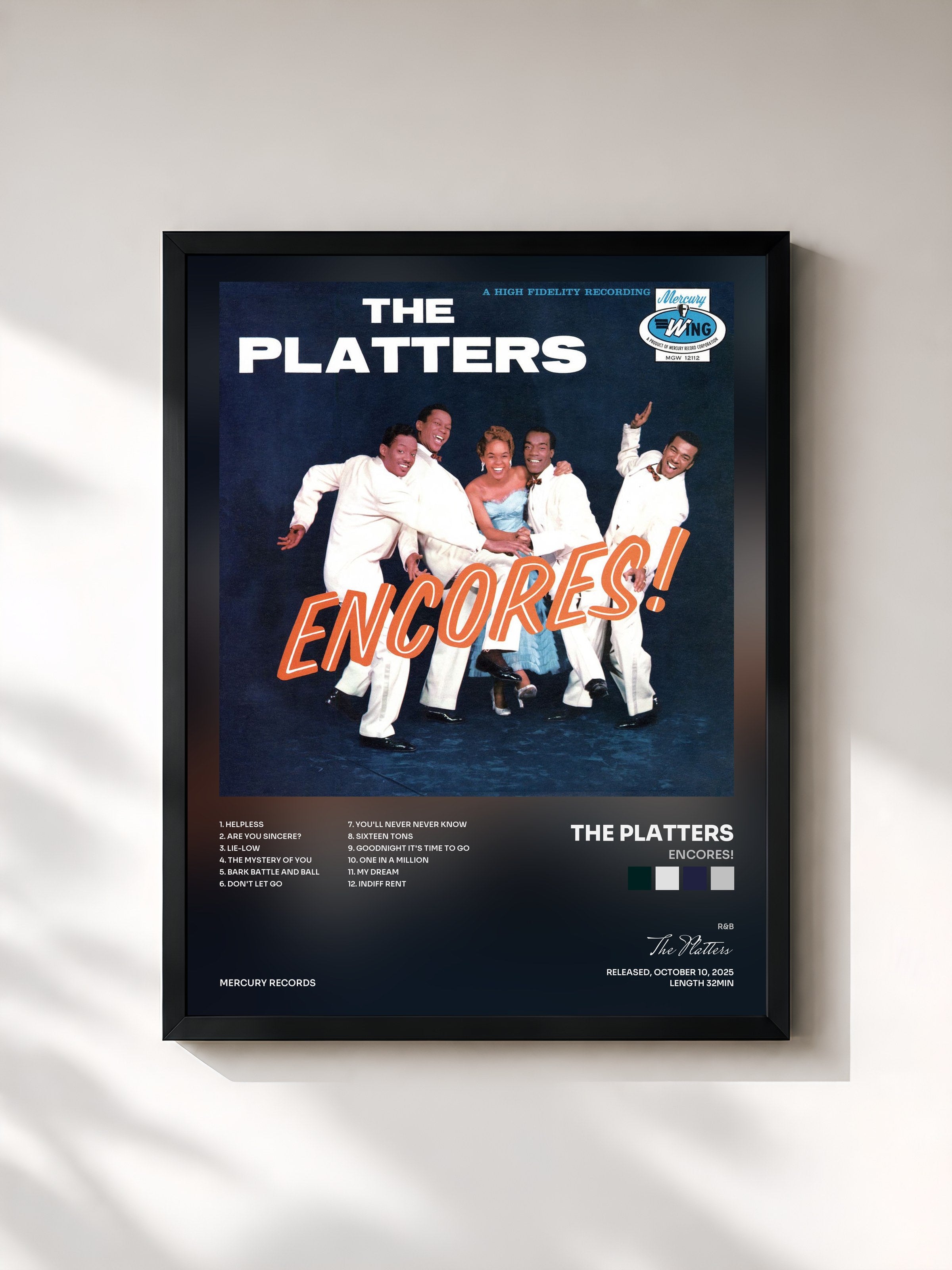 #noir Tableau de l'album Encores! de The Platters, cadre noir, imprimé et encadré en France