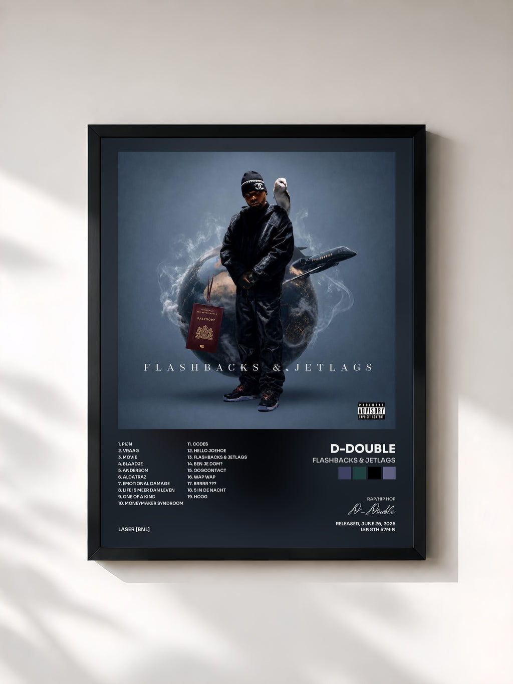 #noir Tableau de l'album Flashbacks & Jetlags de D-Double, cadre noir, imprimé et encadré en France