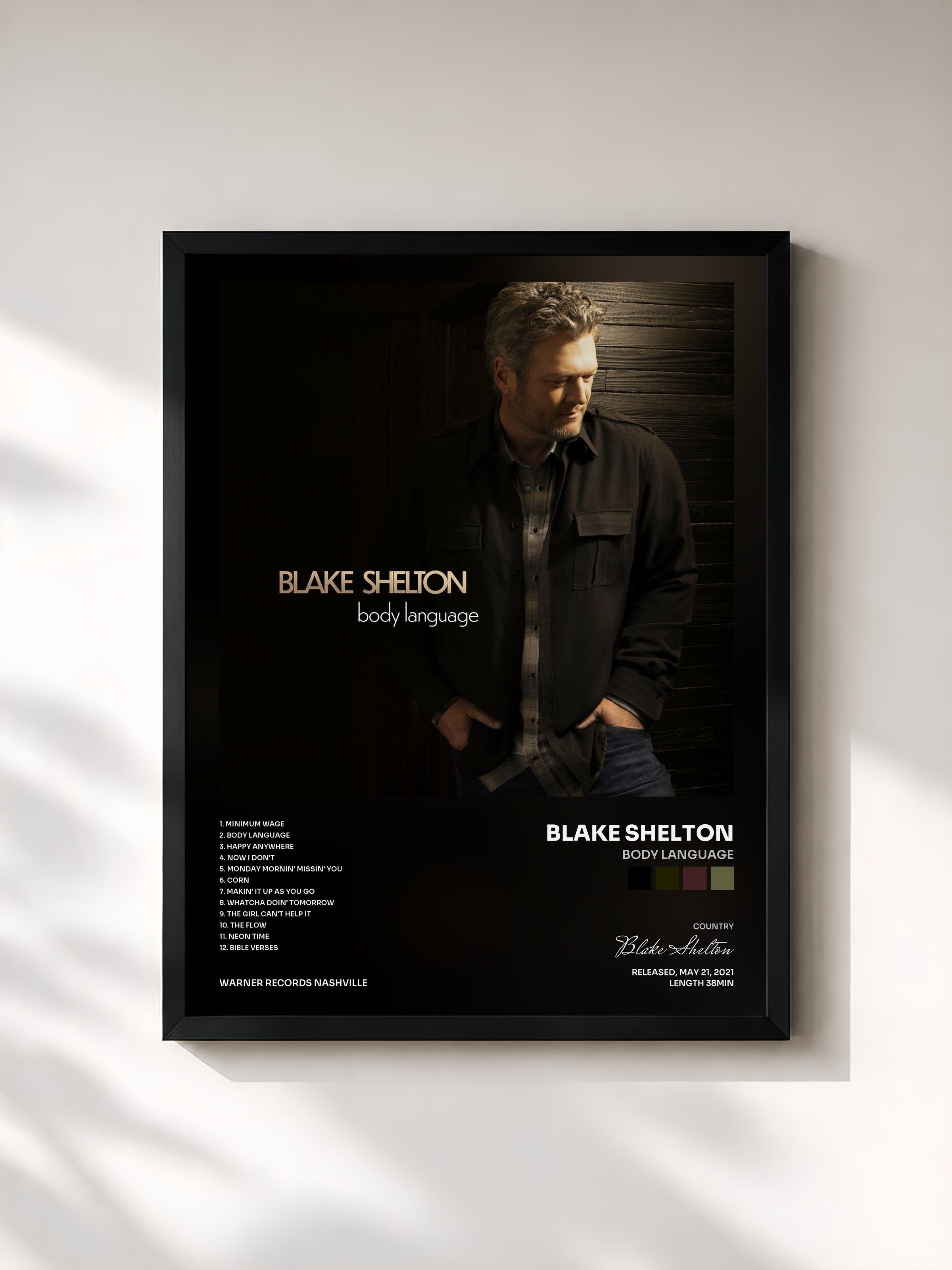 #noir Tableau de l'album Body Language de Blake Shelton, cadre noir, imprimé et encadré en France