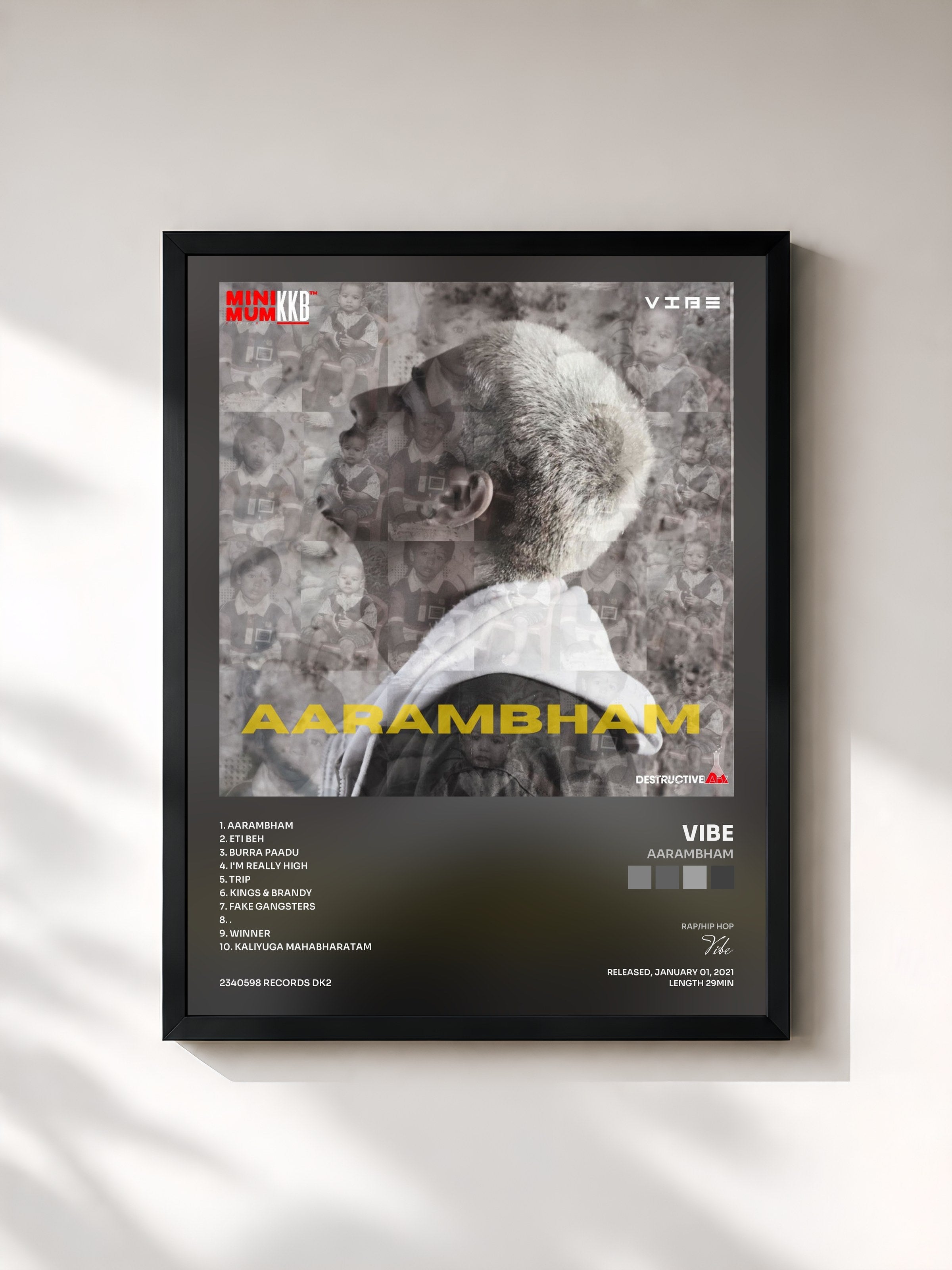 #noir Tableau de l'album Aarambham de Vibe, cadre noir, imprimé et encadré en France