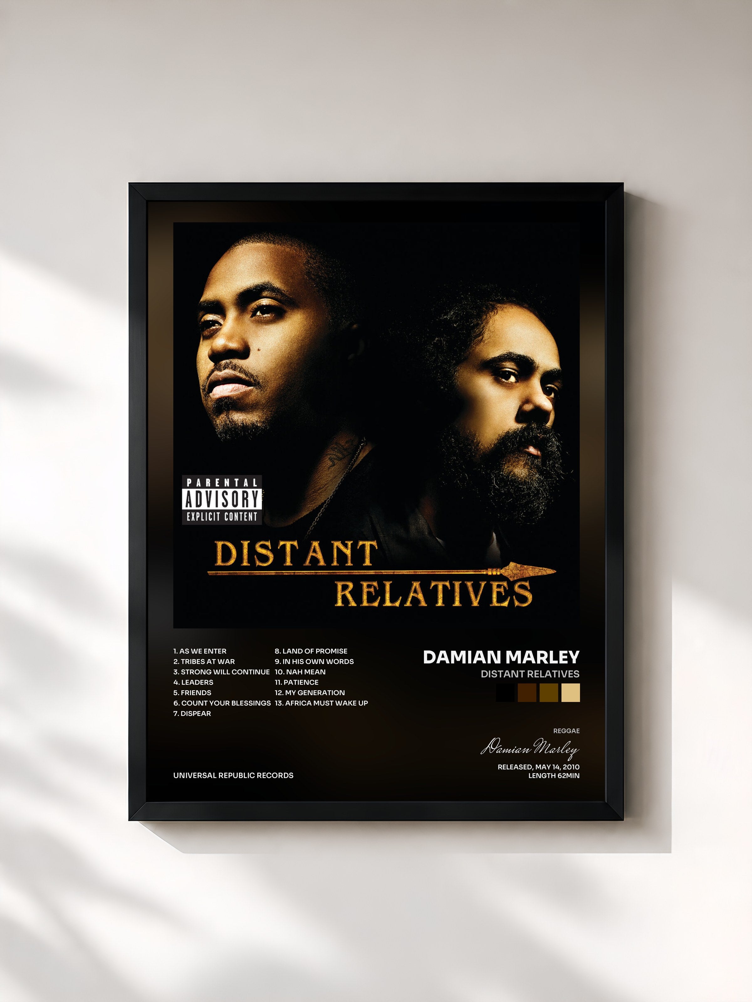 #noir Tableau de l'album Distant Relatives de Damian Marley, cadre noir, imprimé et encadré en France