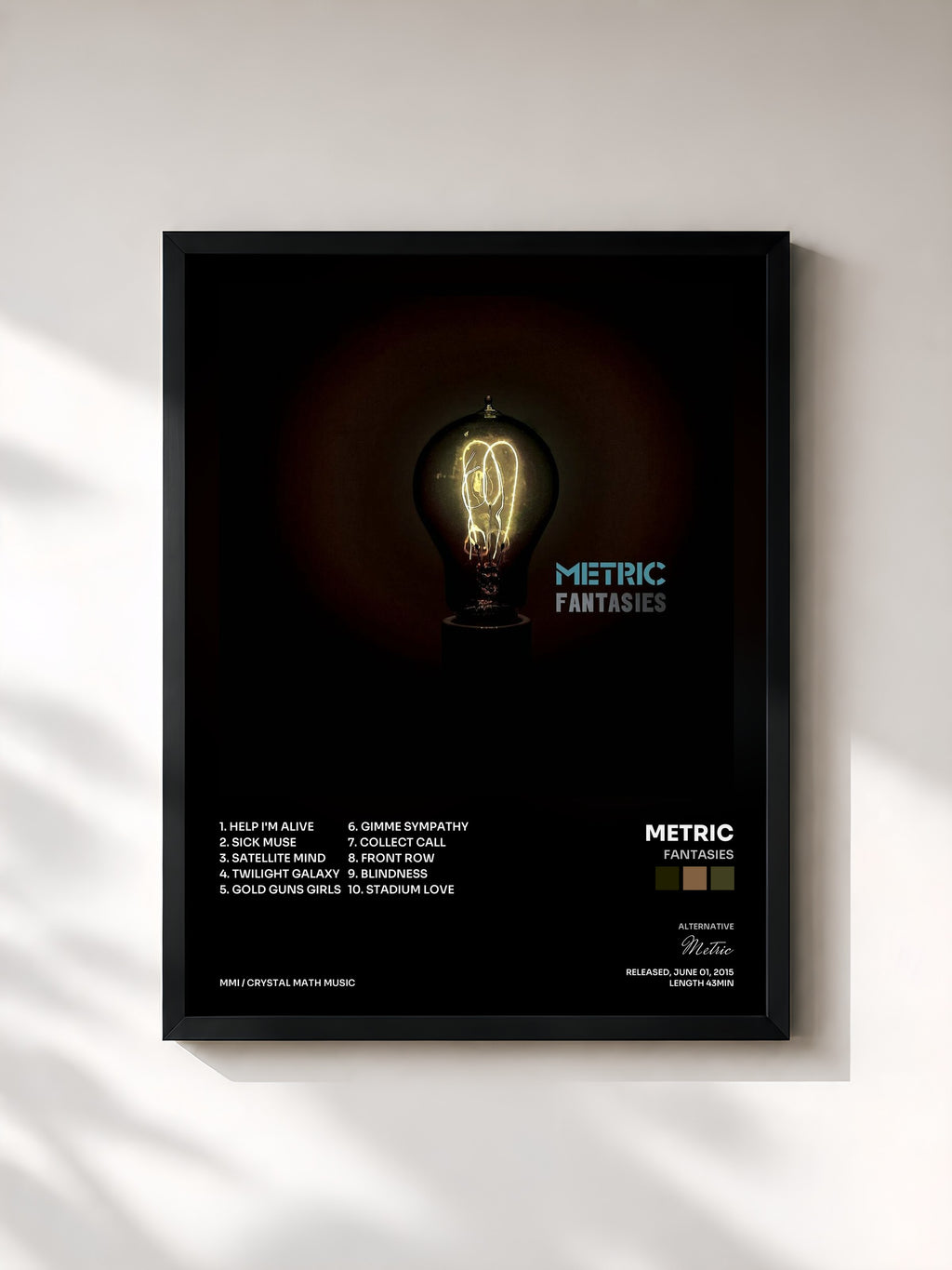 #noir Tableau de l'album Fantasies de Metric, cadre noir, imprimé et encadré en France