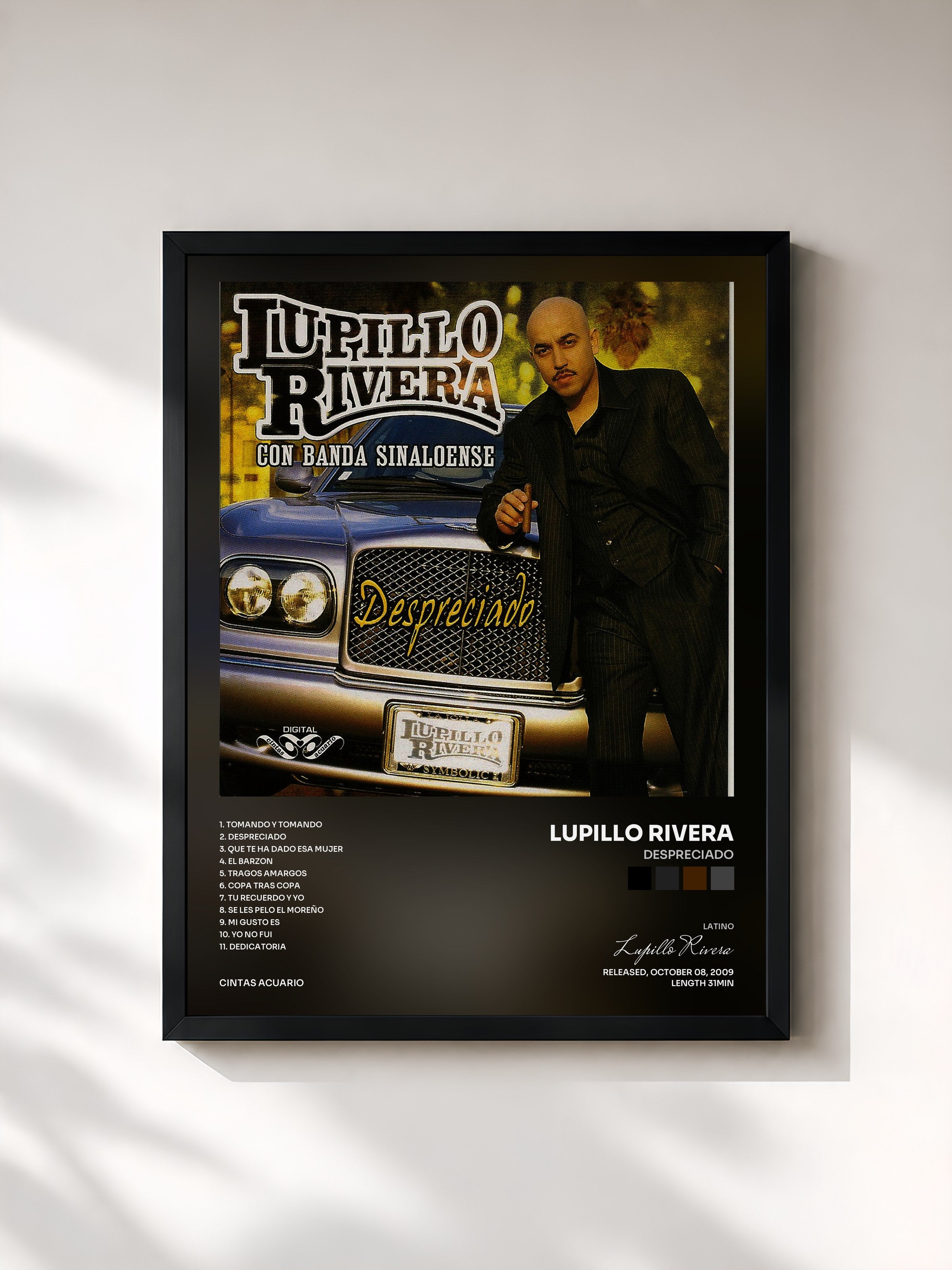 #noir Tableau de l'album Despreciado de Lupillo Rivera, cadre noir, imprimé et encadré en France