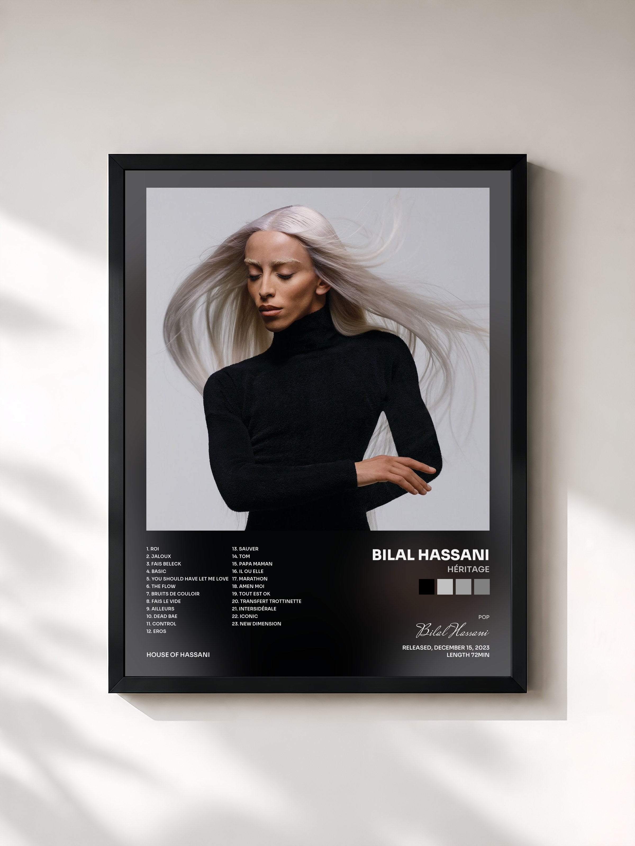 #noir Tableau de l'album Héritage de Bilal Hassani, cadre noir, imprimé et encadré en France
