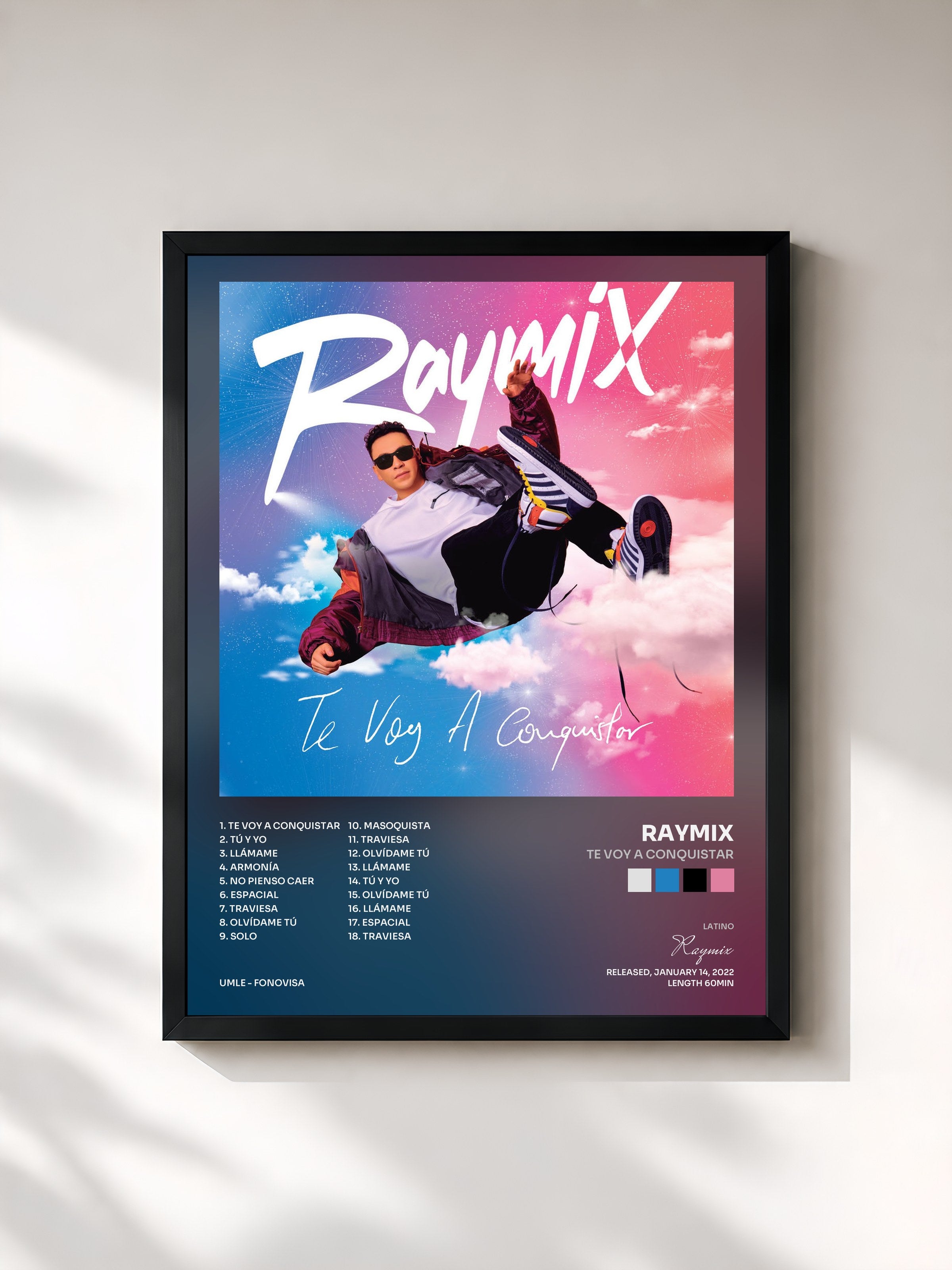 #noir Tableau de l'album Te Voy A Conquistar de Raymix, cadre noir, imprimé et encadré en France