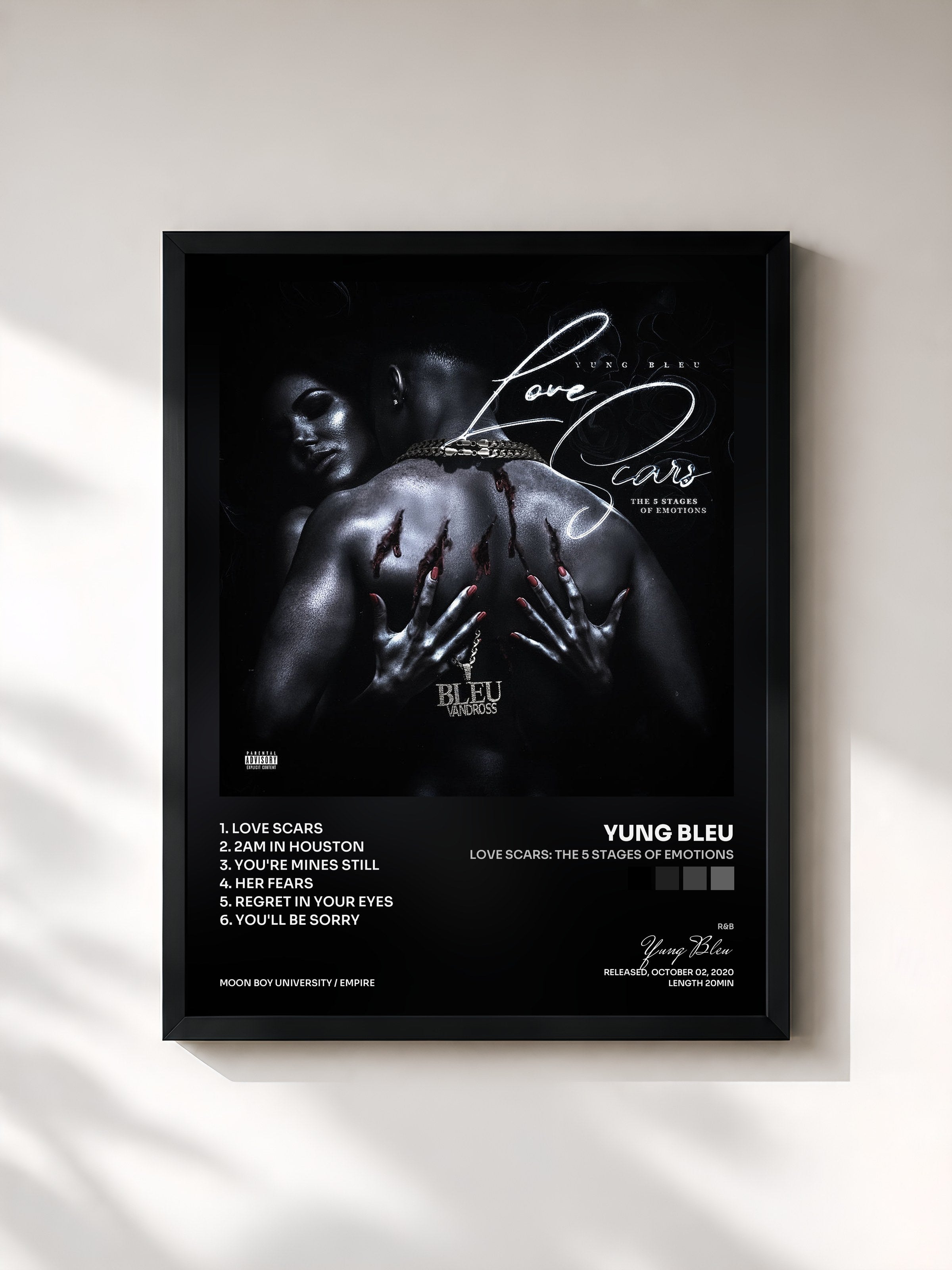 #noir Tableau de l'album Love Scars: The 5 Stages Of Emotions de Yung Bleu, cadre noir, imprimé et encadré en France