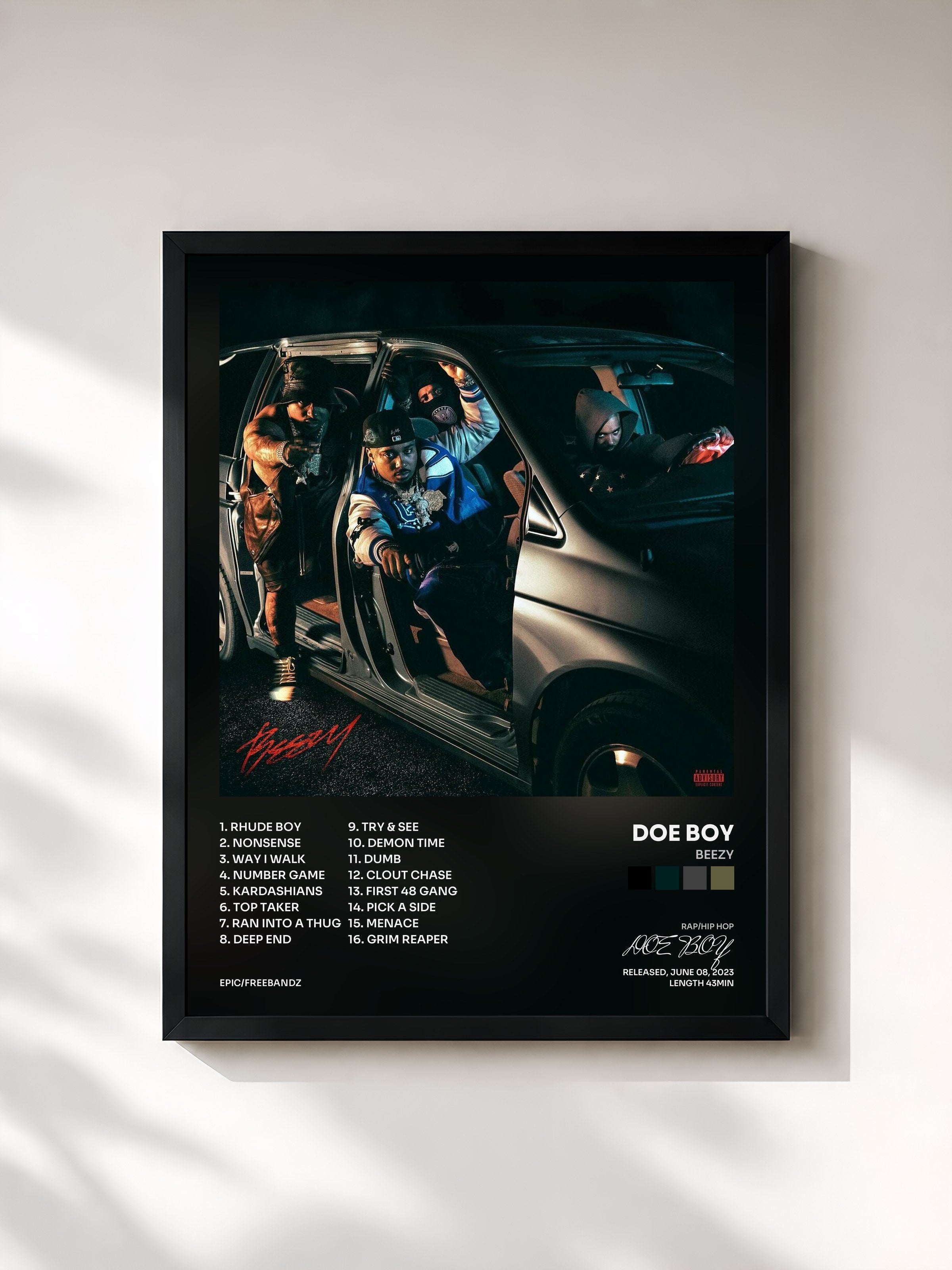 #noir Tableau de l'album BEEZY de DOE BOY, cadre noir, imprimé et encadré en France