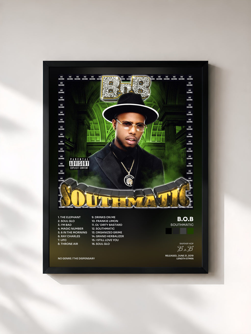 #noir Tableau de l'album Southmatic de B.o.B, cadre noir, imprimé et encadré en France