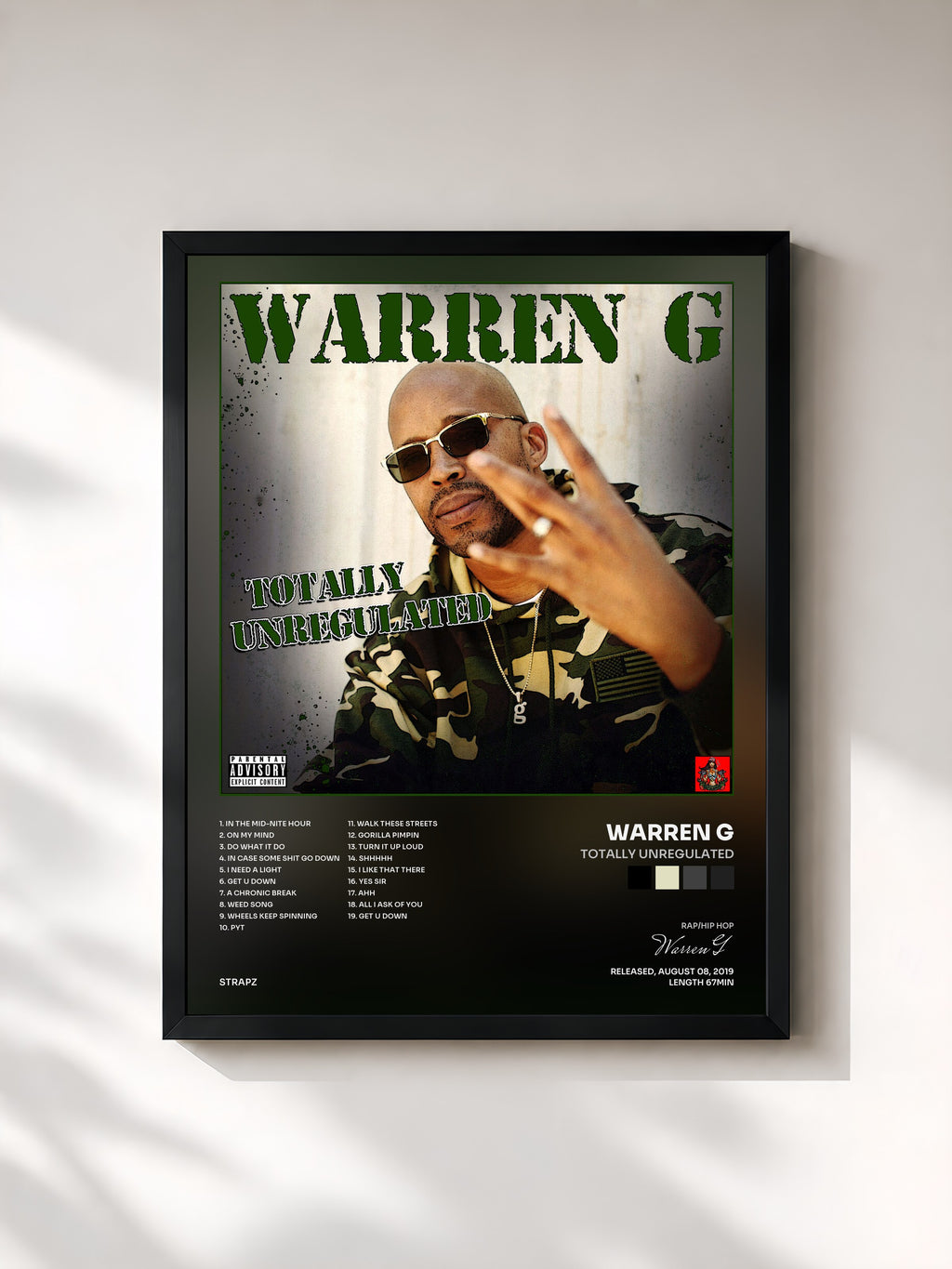#noir Tableau de l'album Totally Unregulated de Warren G, cadre noir, imprimé et encadré en France