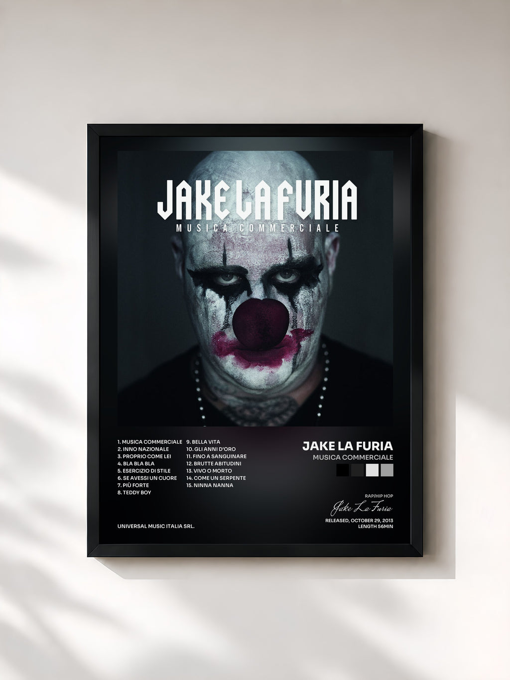 #noir Tableau de l'album Musica Commerciale de Jake La Furia, cadre noir, imprimé et encadré en France