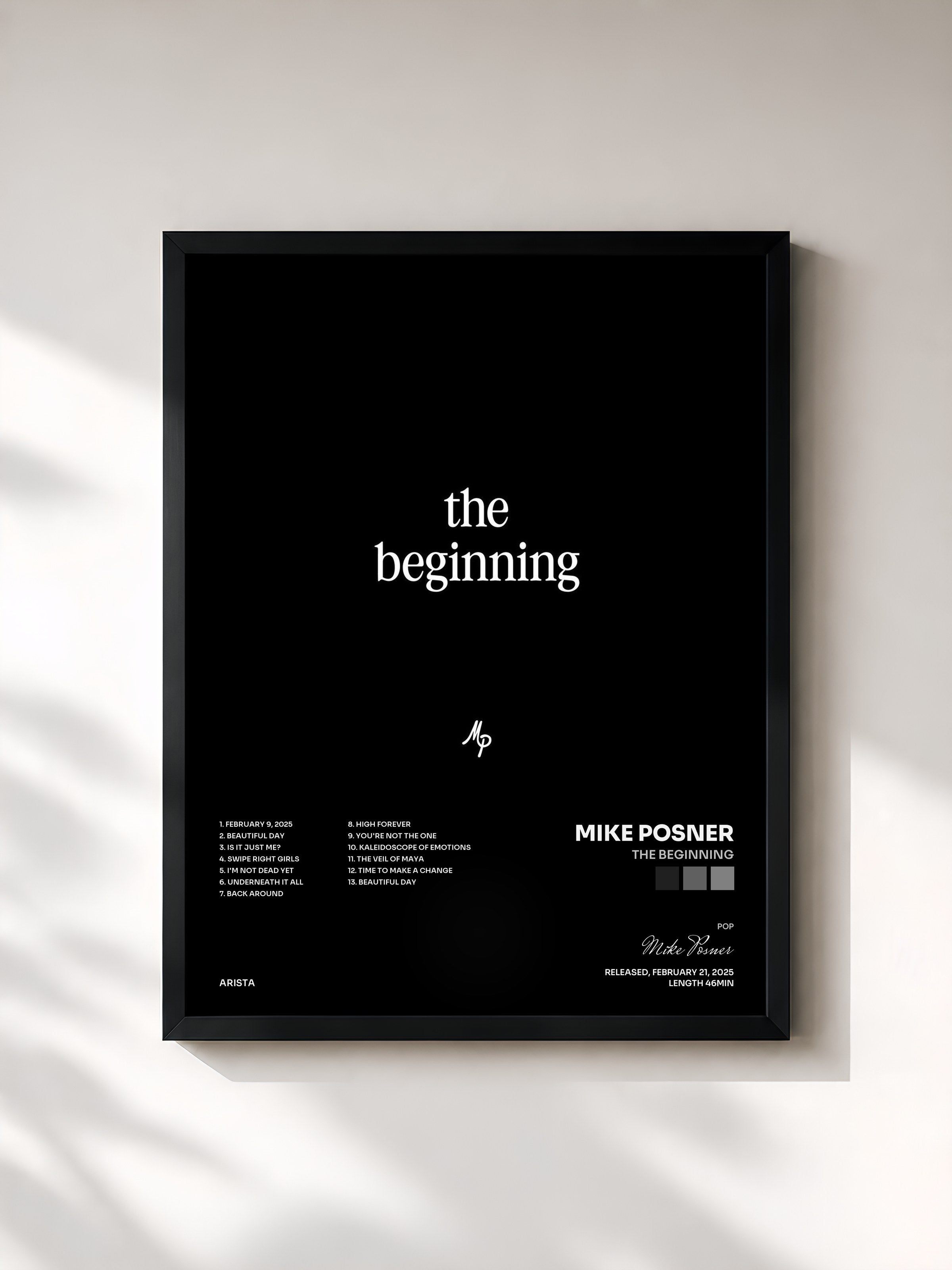 #noir Tableau de l'album The Beginning de Mike Posner, cadre noir, imprimé et encadré en France