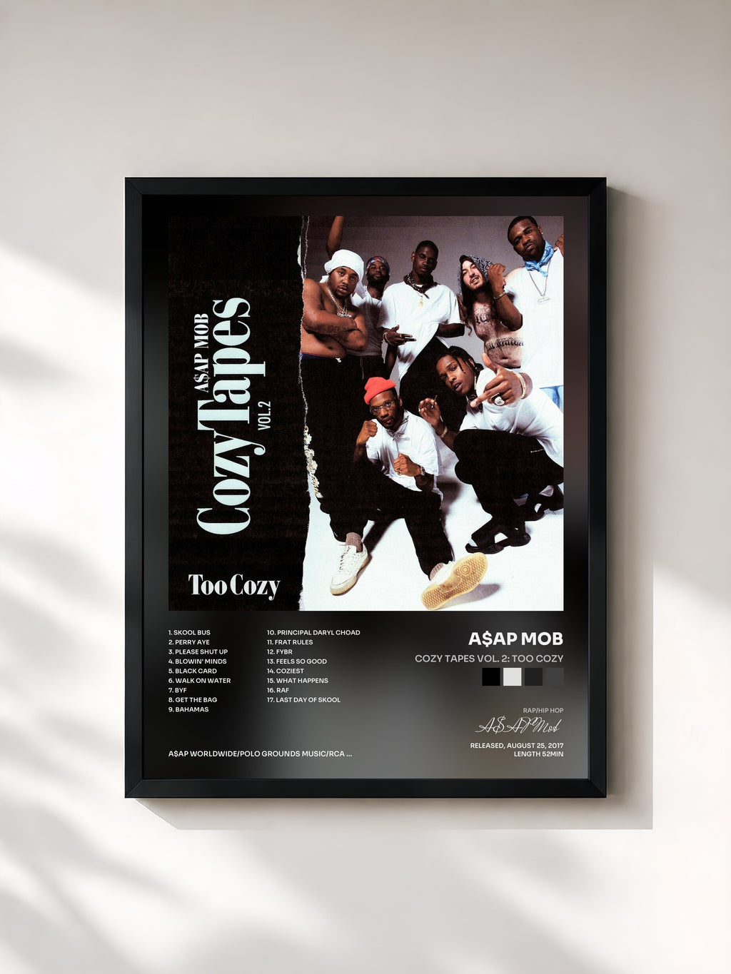 #noir Tableau de l'album Cozy Tapes Vol. 2: Too Cozy de A$AP Mob, cadre noir, imprimé et encadré en France