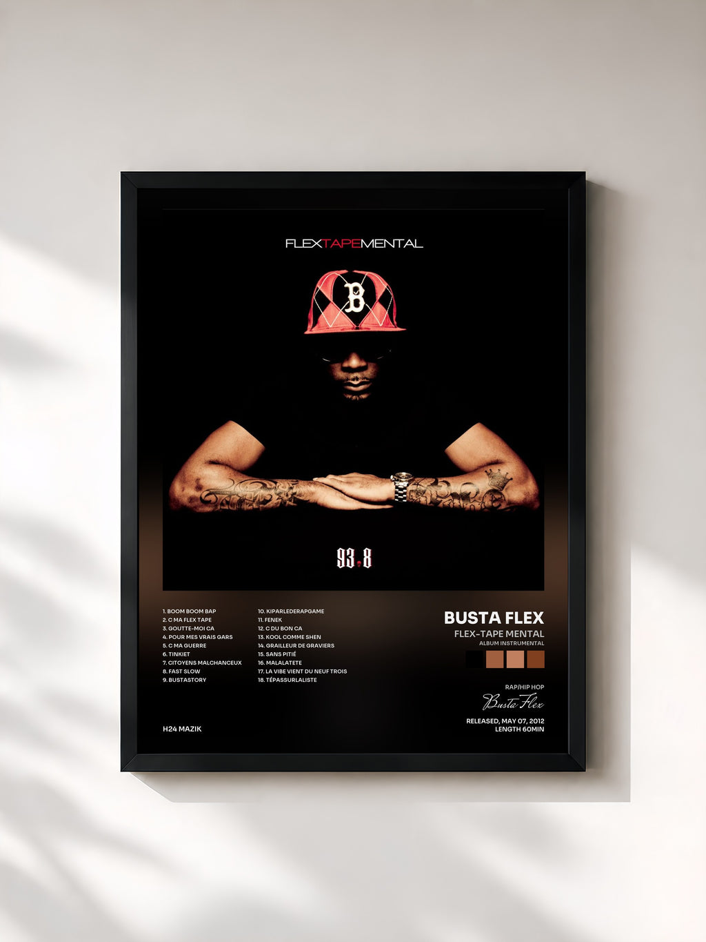 #noir Tableau de l'album Flex-Tape Mental (Album instrumental) de Busta Flex, cadre noir, imprimé et encadré en France