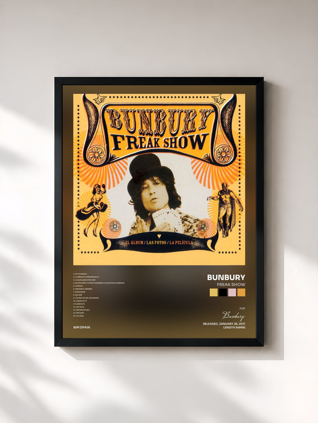 #noir Tableau de l'album Freak Show de Bunbury, cadre noir, imprimé et encadré en France