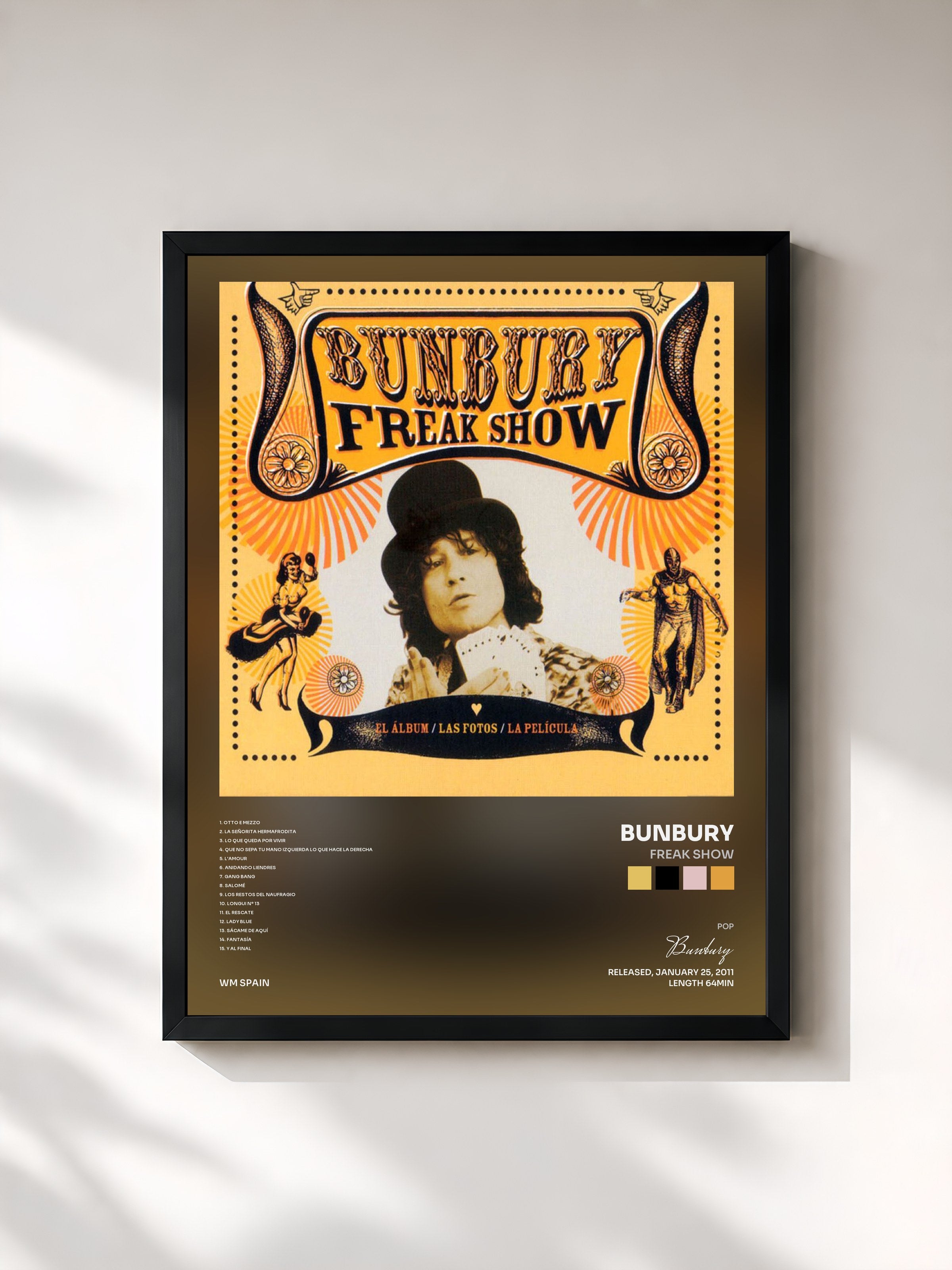 #noir Tableau de l'album Freak Show de Bunbury, cadre noir, imprimé et encadré en France