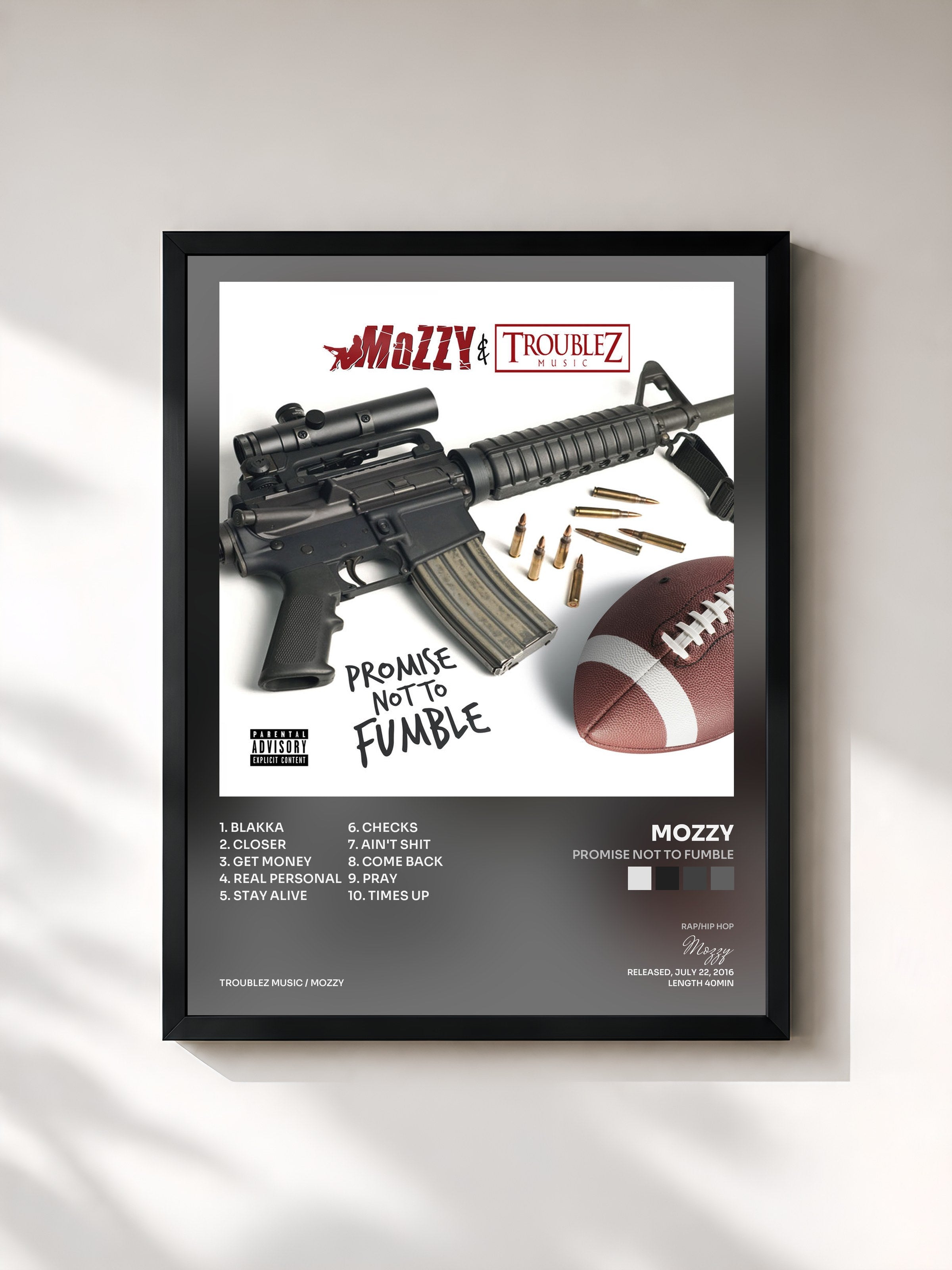 #noir Tableau de l'album Promise Not to Fumble de Mozzy, cadre noir, imprimé et encadré en France