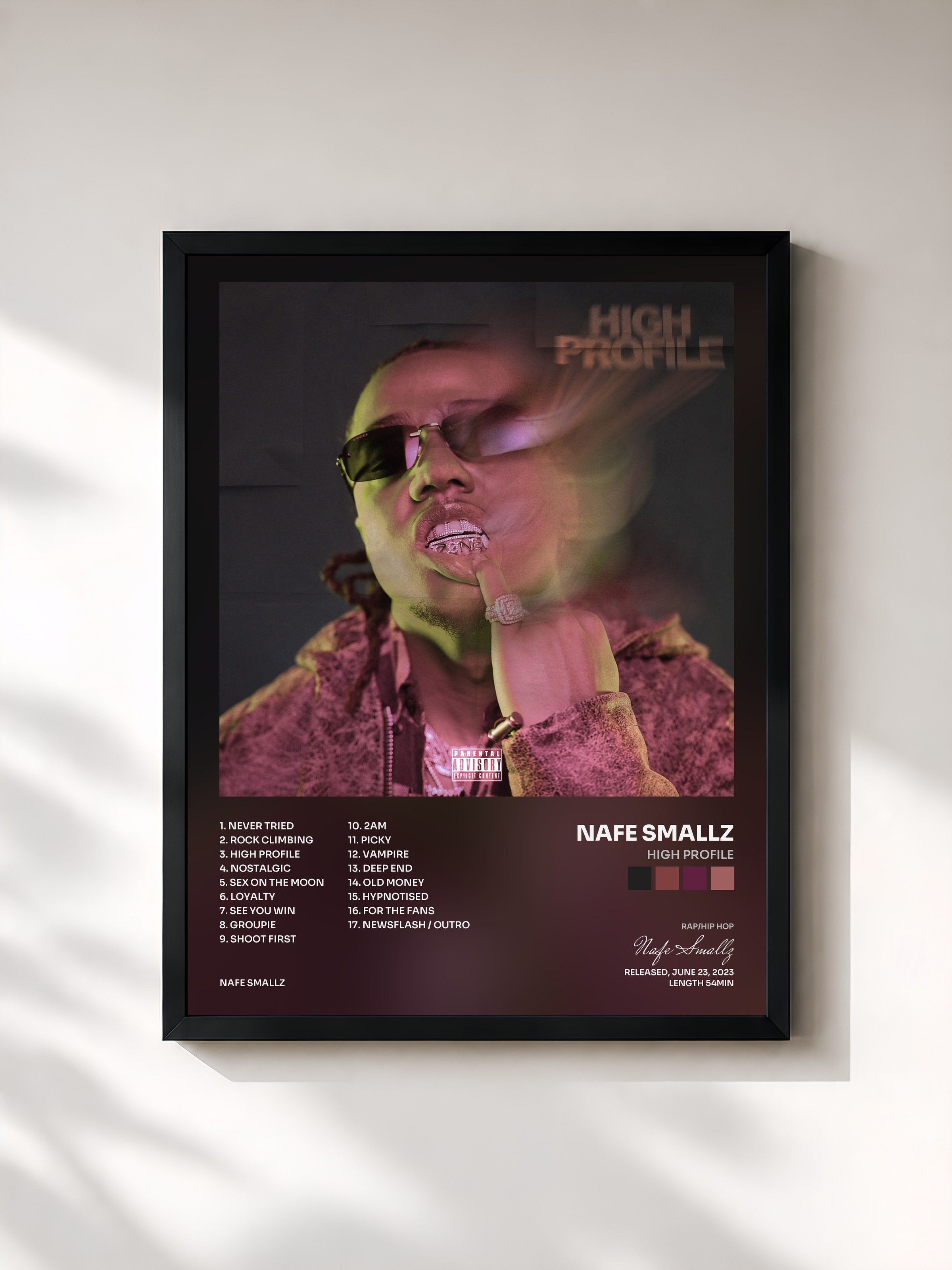 #noir Tableau de l'album High Profile de Nafe Smallz, cadre noir, imprimé et encadré en France