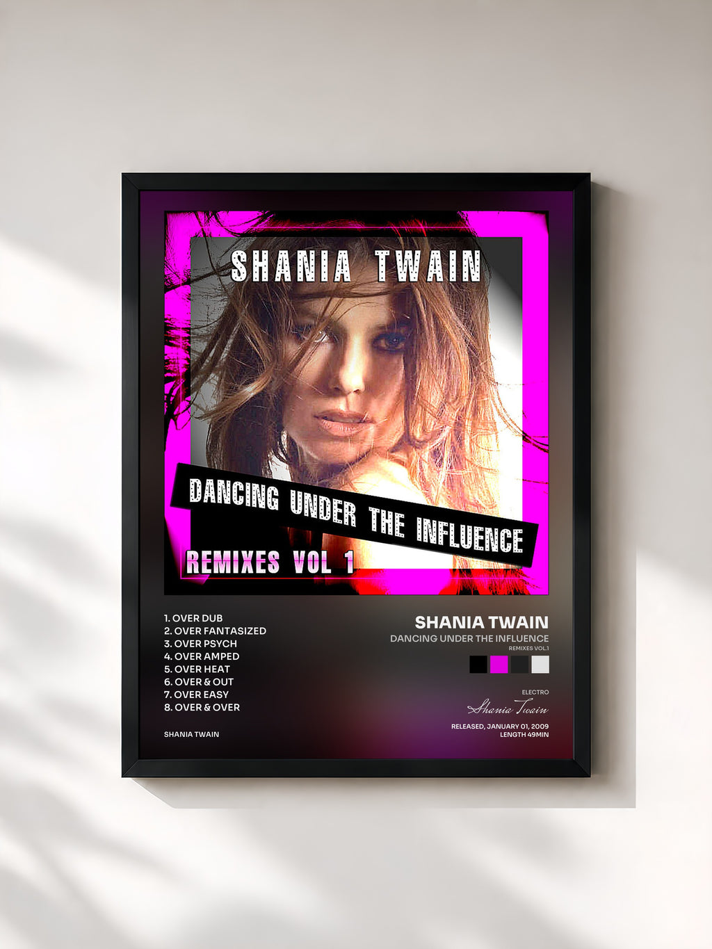 #noir Tableau de l'album Dancing Under the Influence (Remixes Vol.1) de Shania Twain, cadre noir, imprimé et encadré en France