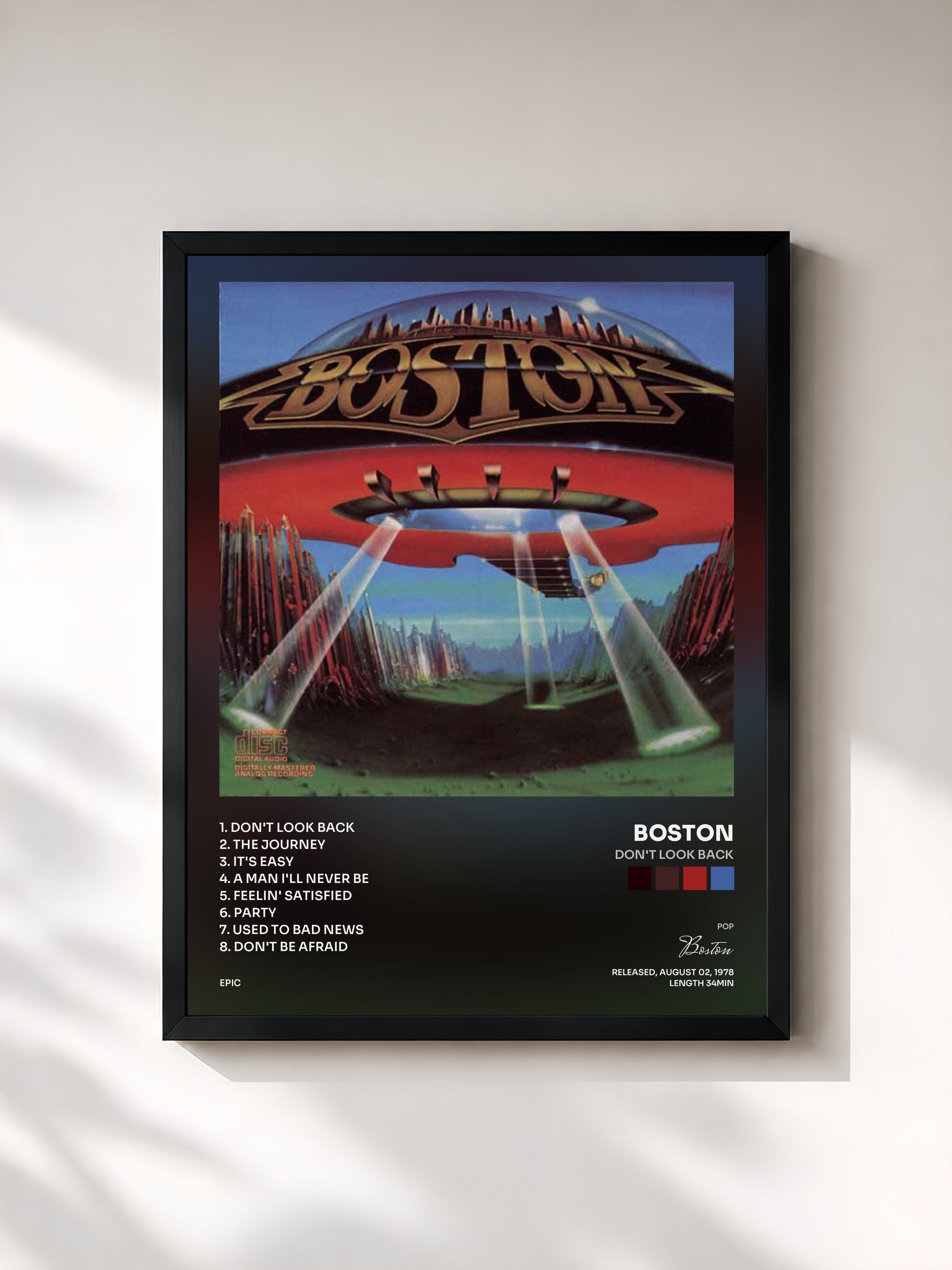 #noir Tableau de l'album Don't Look Back de Boston, cadre noir, imprimé et encadré en France