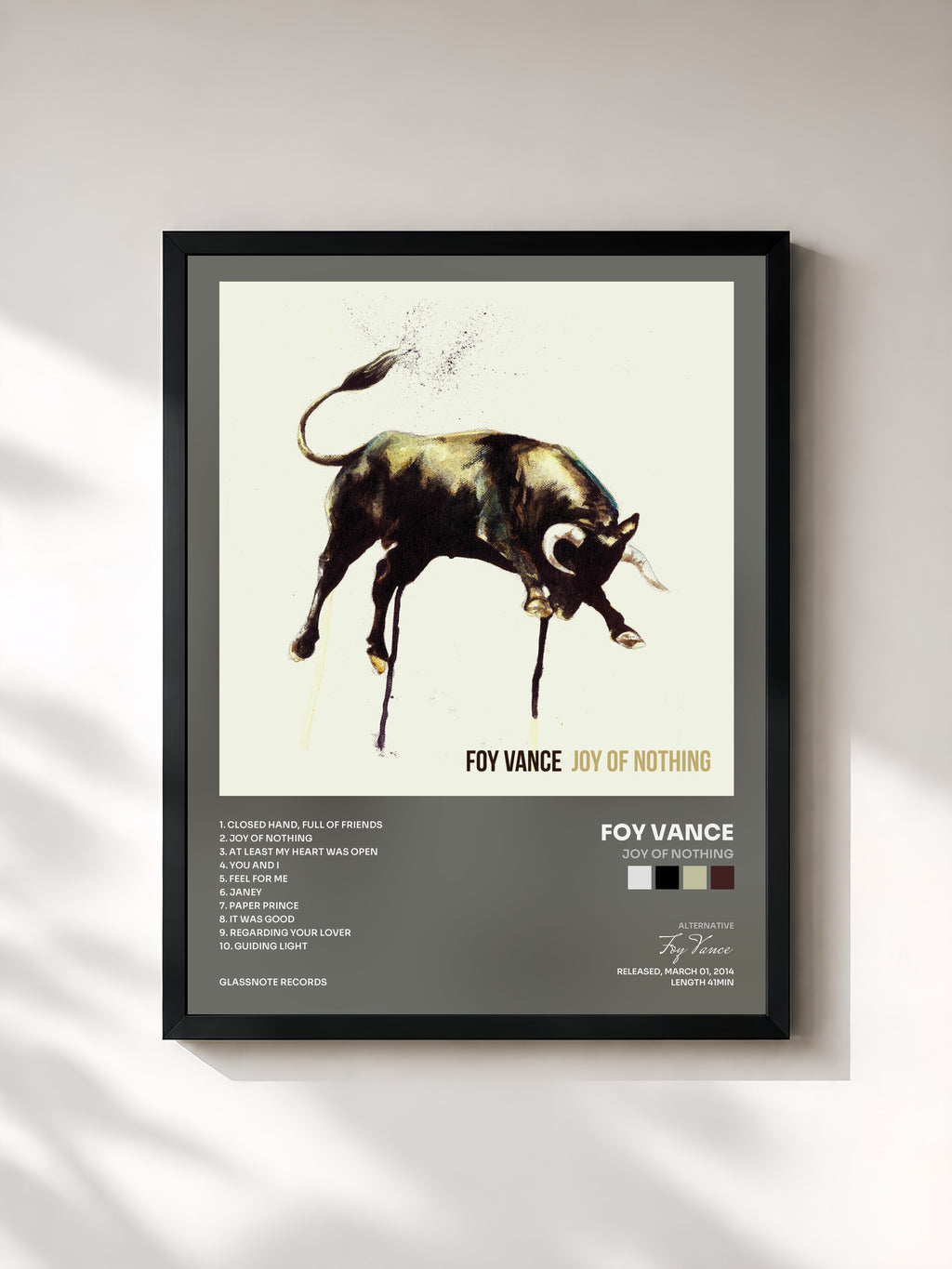 #noir Tableau de l'album Joy Of Nothing de Foy Vance, cadre noir, imprimé et encadré en France
