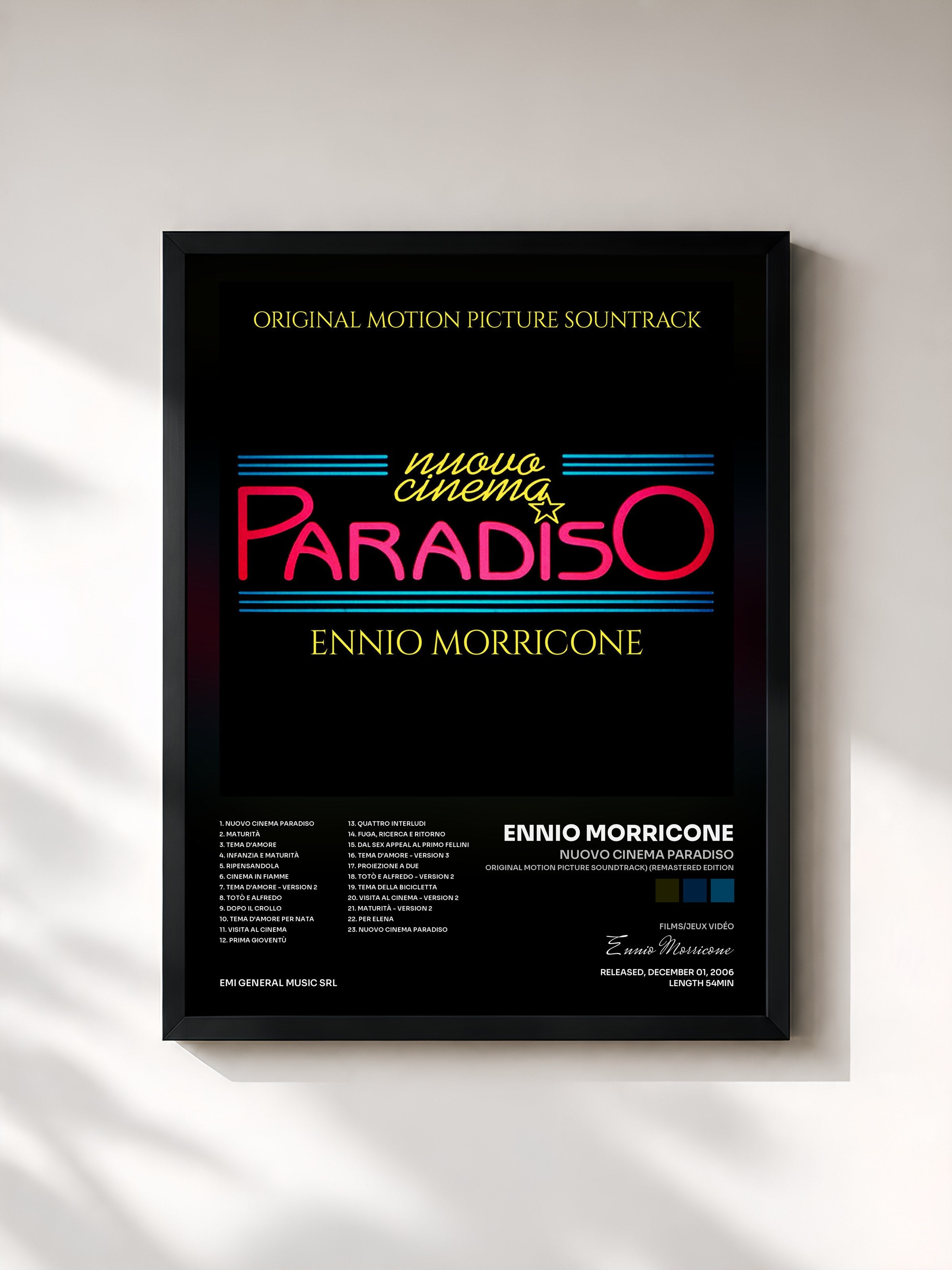 #noir Tableau de l'album Nuovo Cinema Paradiso (Original Motion Picture Soundtrack) (Remastered Edition) de Ennio Morricone, cadre noir, imprimé et encadré en France