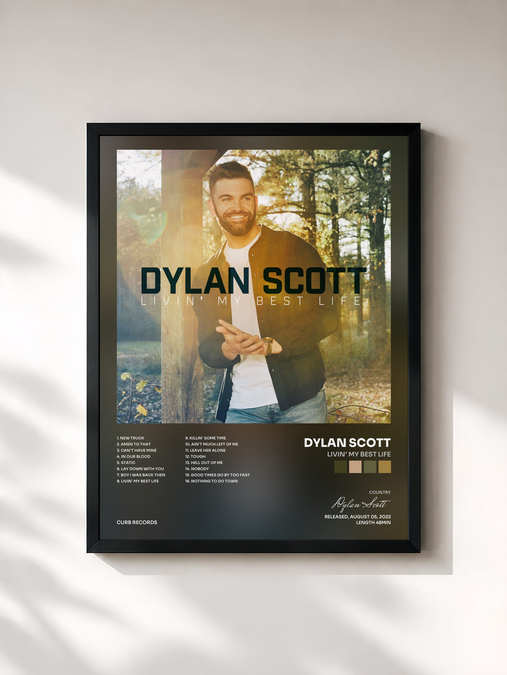 #noir Tableau de l'album Livin' My Best Life de Dylan Scott, cadre noir, imprimé et encadré en France