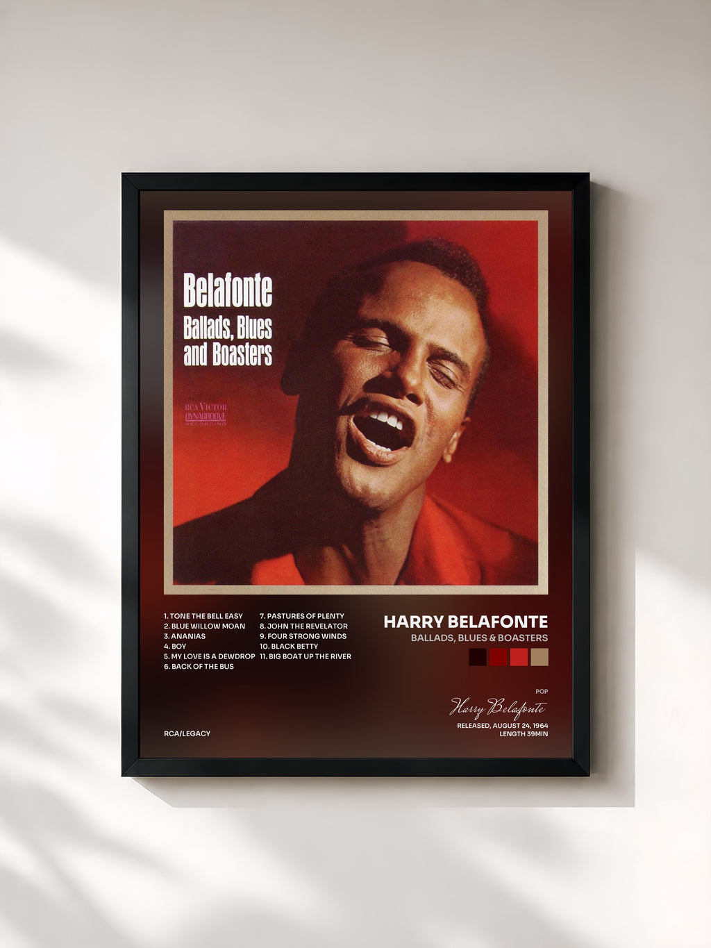 #noir Tableau de l'album Ballads, Blues & Boasters de Harry Belafonte, cadre noir, imprimé et encadré en France
