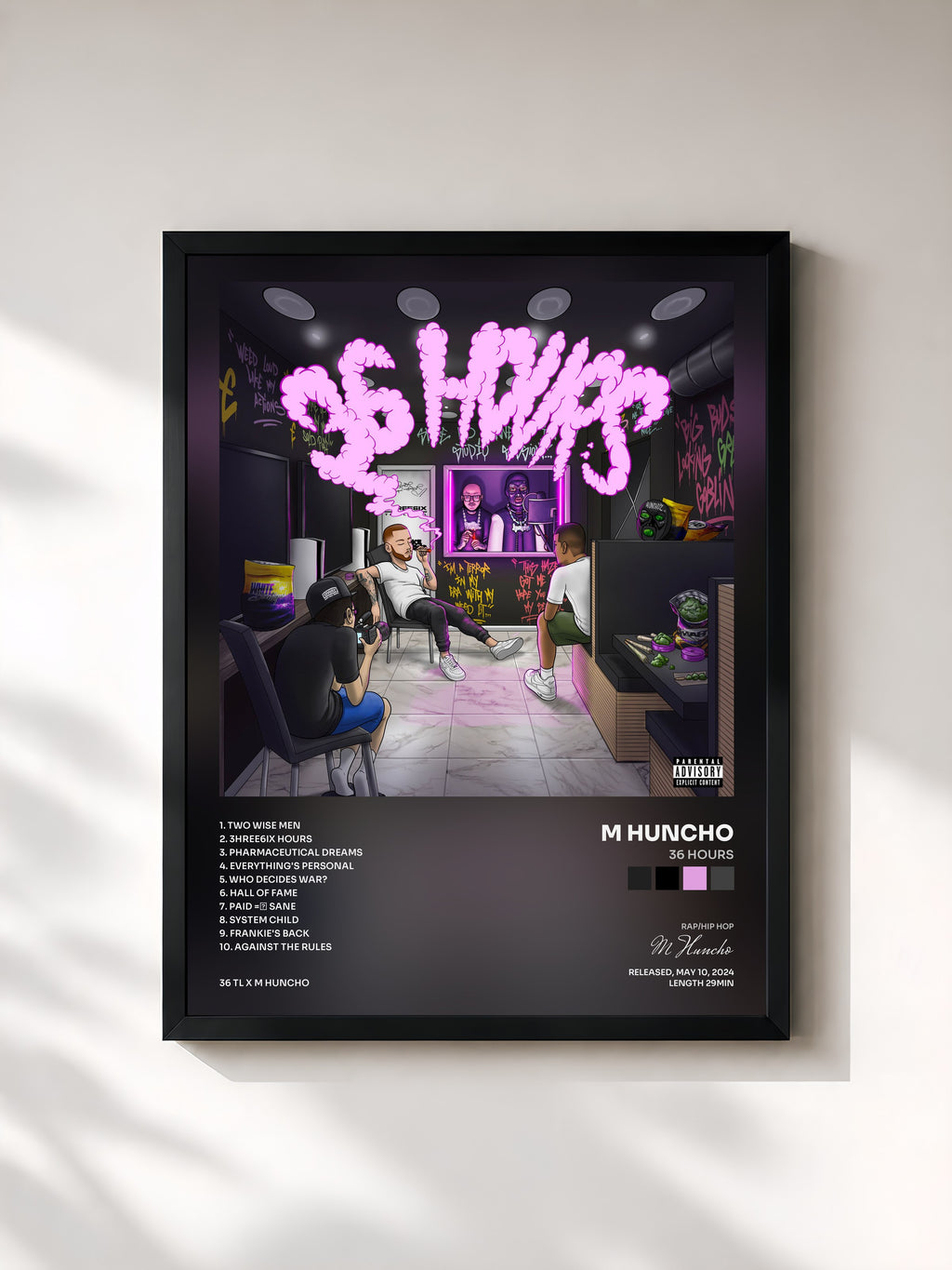 #noir Tableau de l'album 36 Hours de M Huncho, cadre noir, imprimé et encadré en France