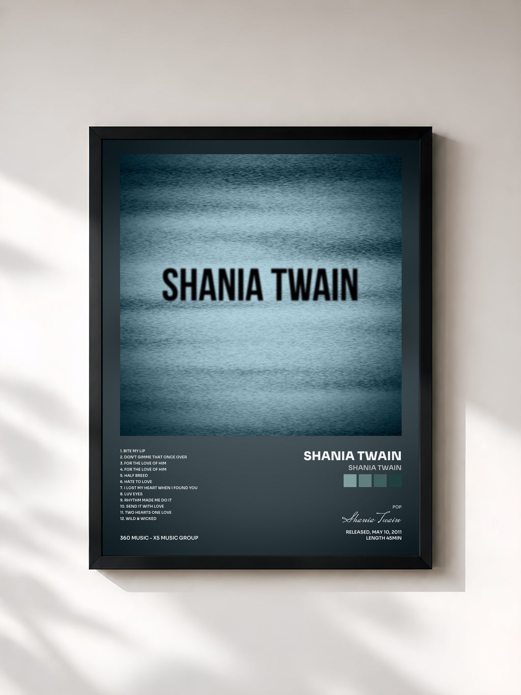#noir Tableau de l'album Shania Twain de Shania Twain, cadre noir, imprimé et encadré en France