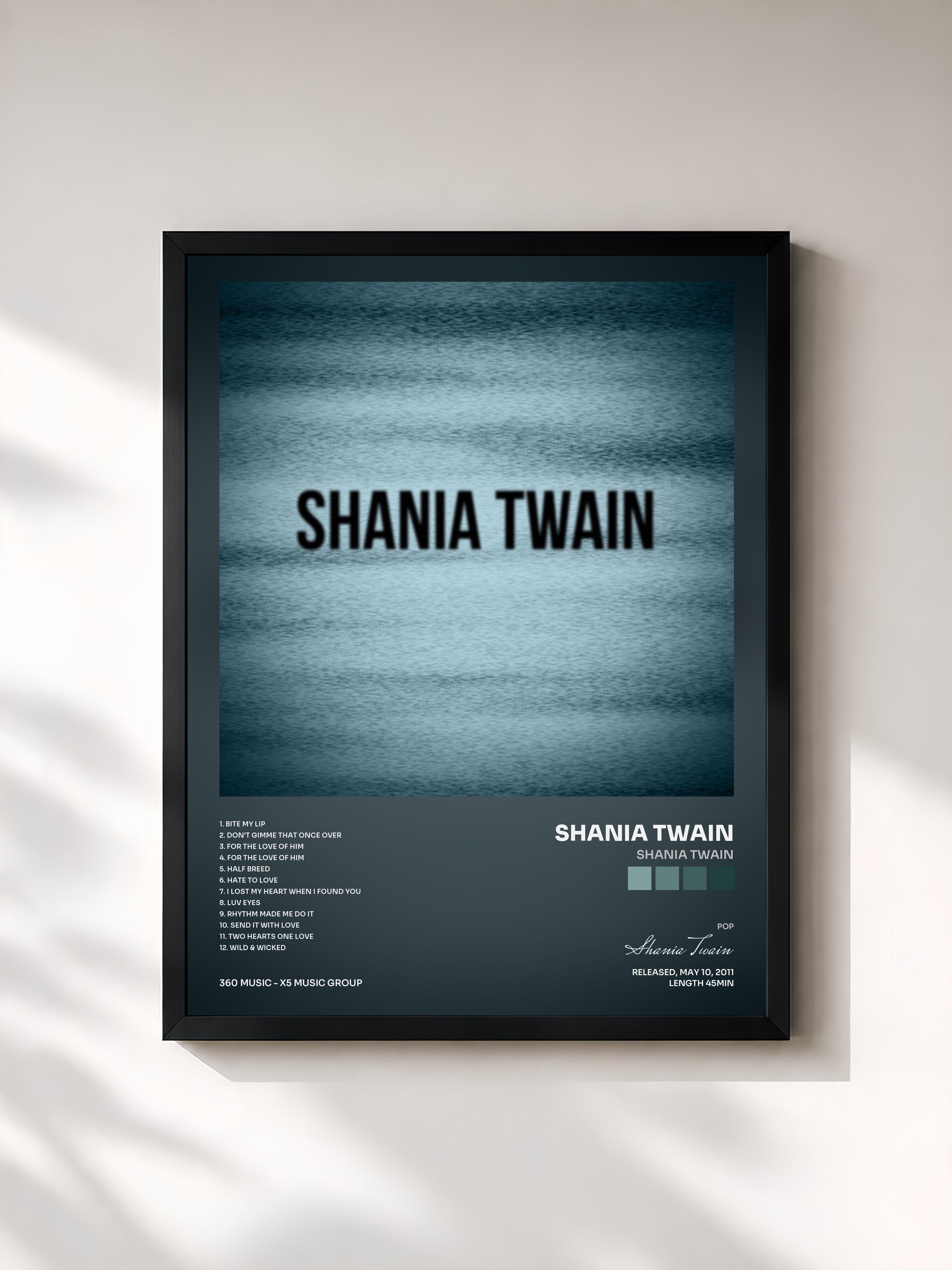 #noir Tableau de l'album Shania Twain de Shania Twain, cadre noir, imprimé et encadré en France