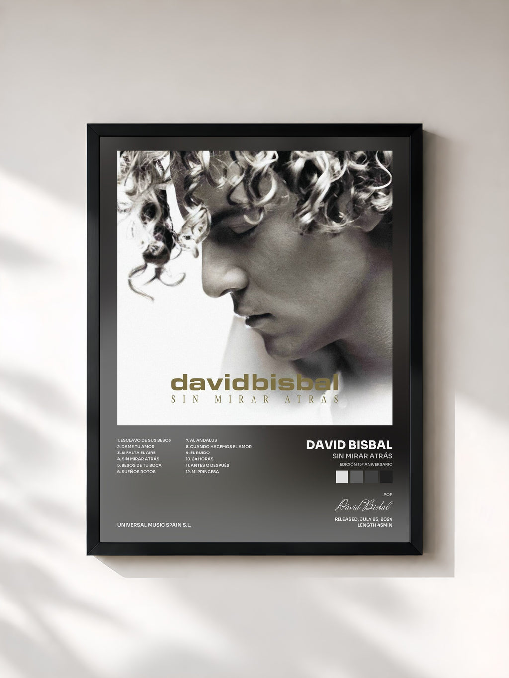 #noir Tableau de l'album Sin Mirar Atrás (Edición 15º Aniversario) de David Bisbal, cadre noir, imprimé et encadré en France