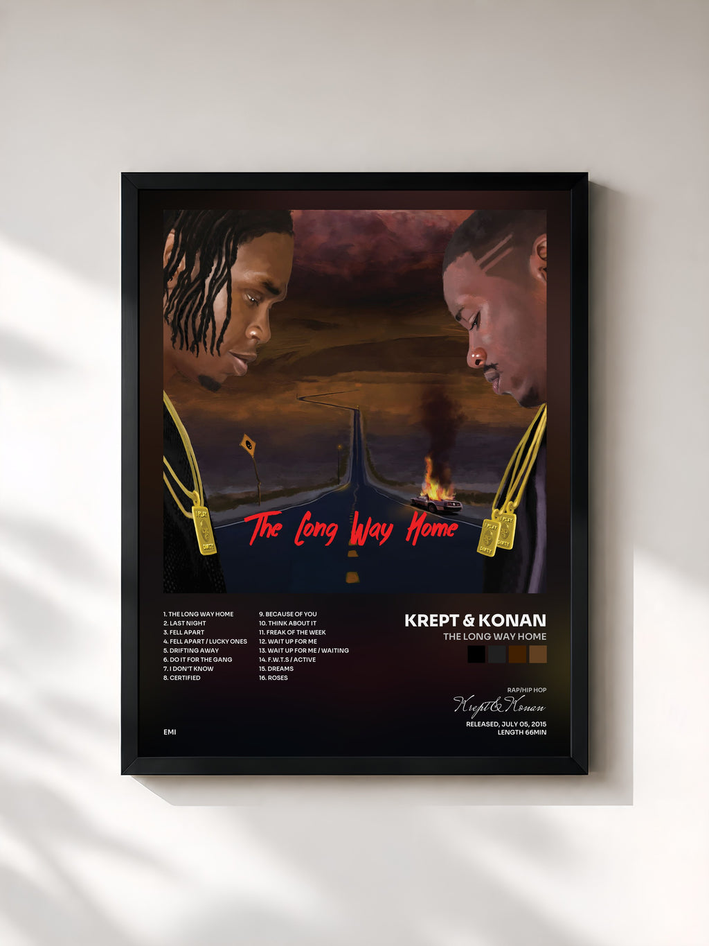 #noir Tableau de l'album The Long Way Home de Krept & Konan, cadre noir, imprimé et encadré en France