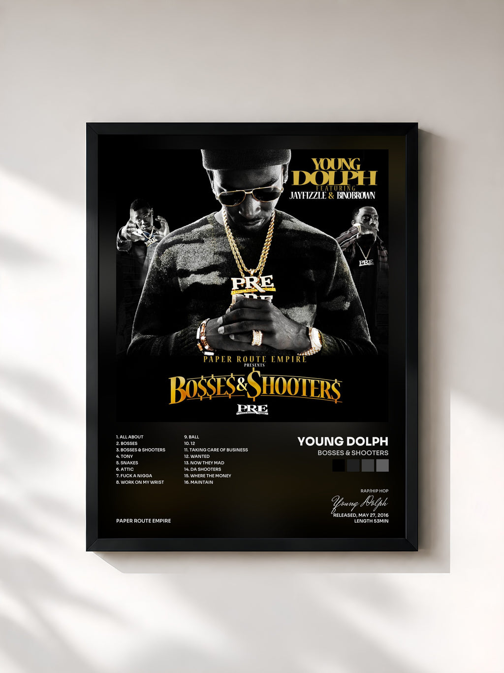 #noir Tableau de l'album Bosses & Shooters de Young Dolph, cadre noir, imprimé et encadré en France