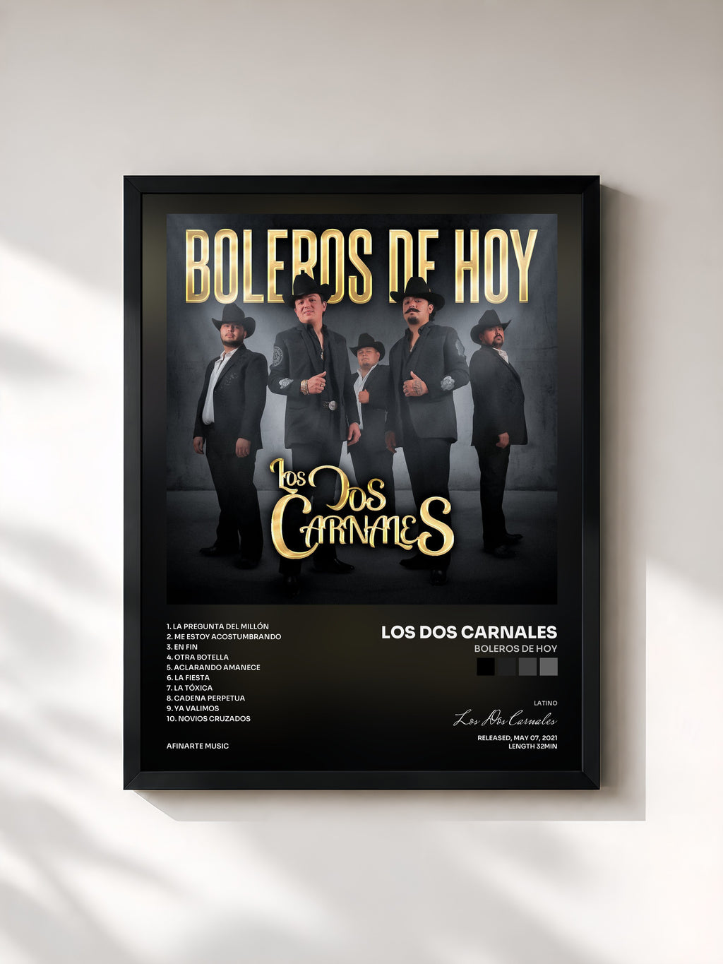 #noir Tableau de l'album Boleros de Hoy de Los Dos Carnales, cadre noir, imprimé et encadré en France