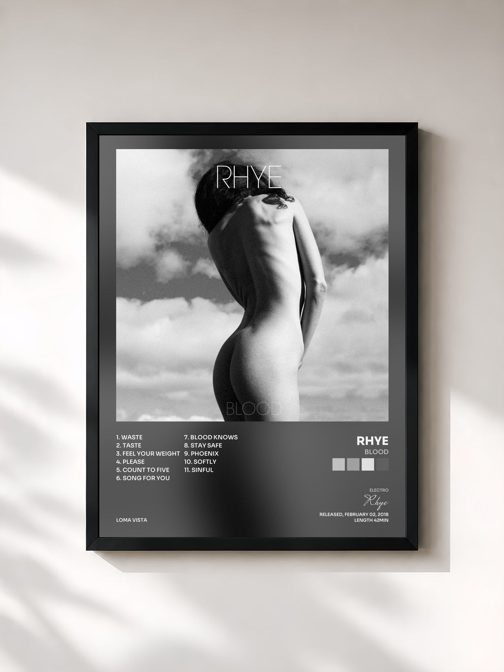 #noir Tableau de l'album Blood de Rhye, cadre noir, imprimé et encadré en France