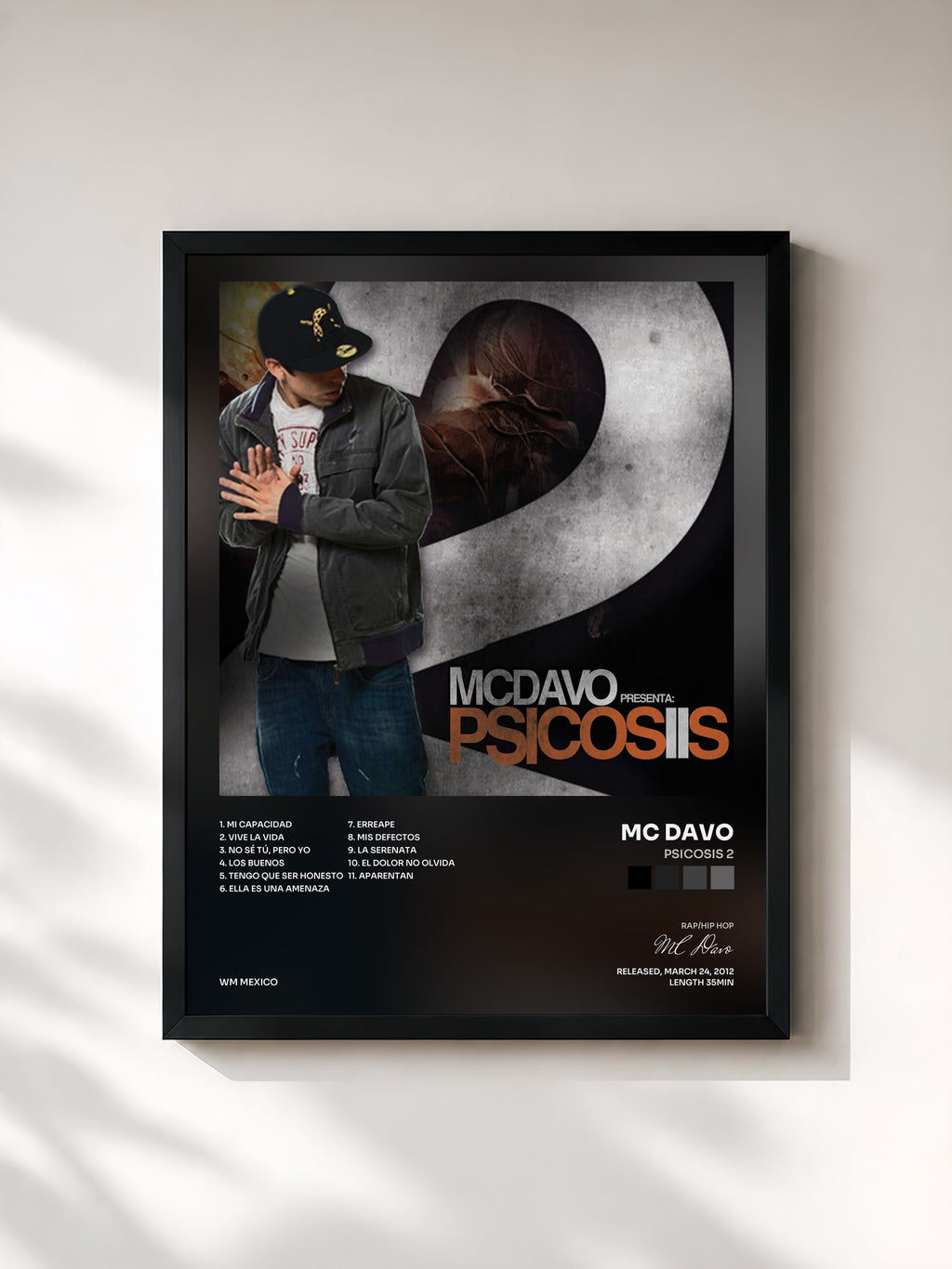 #noir Tableau de l'album Psicosis 2 de MC Davo, cadre noir, imprimé et encadré en France