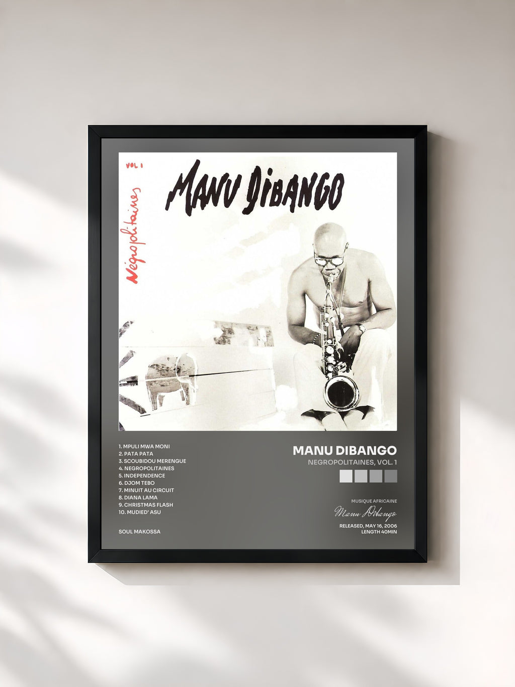 #noir Tableau de l'album Negropolitaines, Vol. 1 de Manu Dibango, cadre noir, imprimé et encadré en France